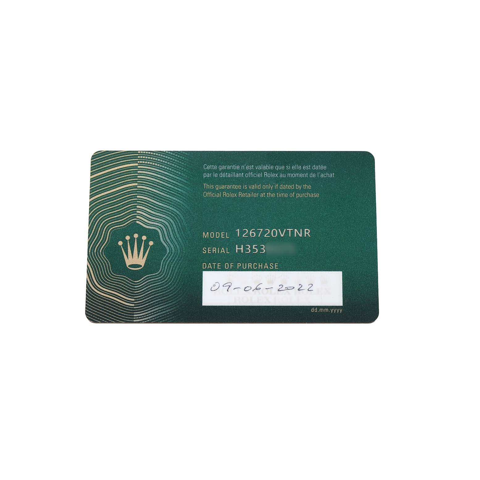 The image shows a warranty card for a Rolex GMT-Master 126720 Men
s Stainless Steel Black Dial model, displaying model and serial numbers.