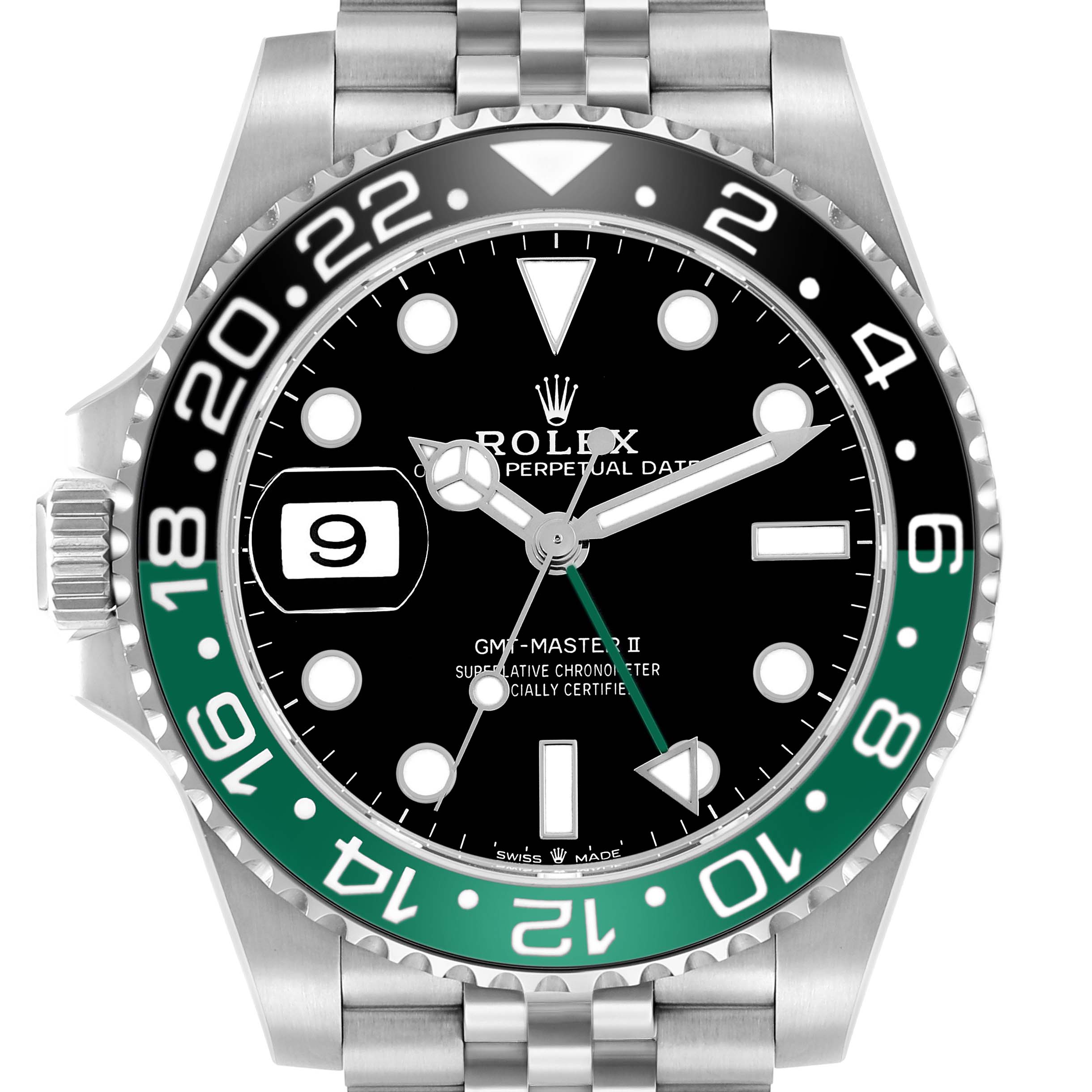 The Rolex GMT-Master 126720 Men
s Stainless Steel Black Dial watch is shown from the front, featuring the bezel, dial, and part of the bracelet.
