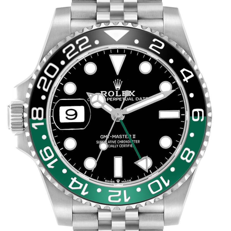 The Rolex GMT-Master 126720 Men's Stainless Steel Black Dial watch is shown from the front, featuring the bezel, dial, and part of the bracelet.