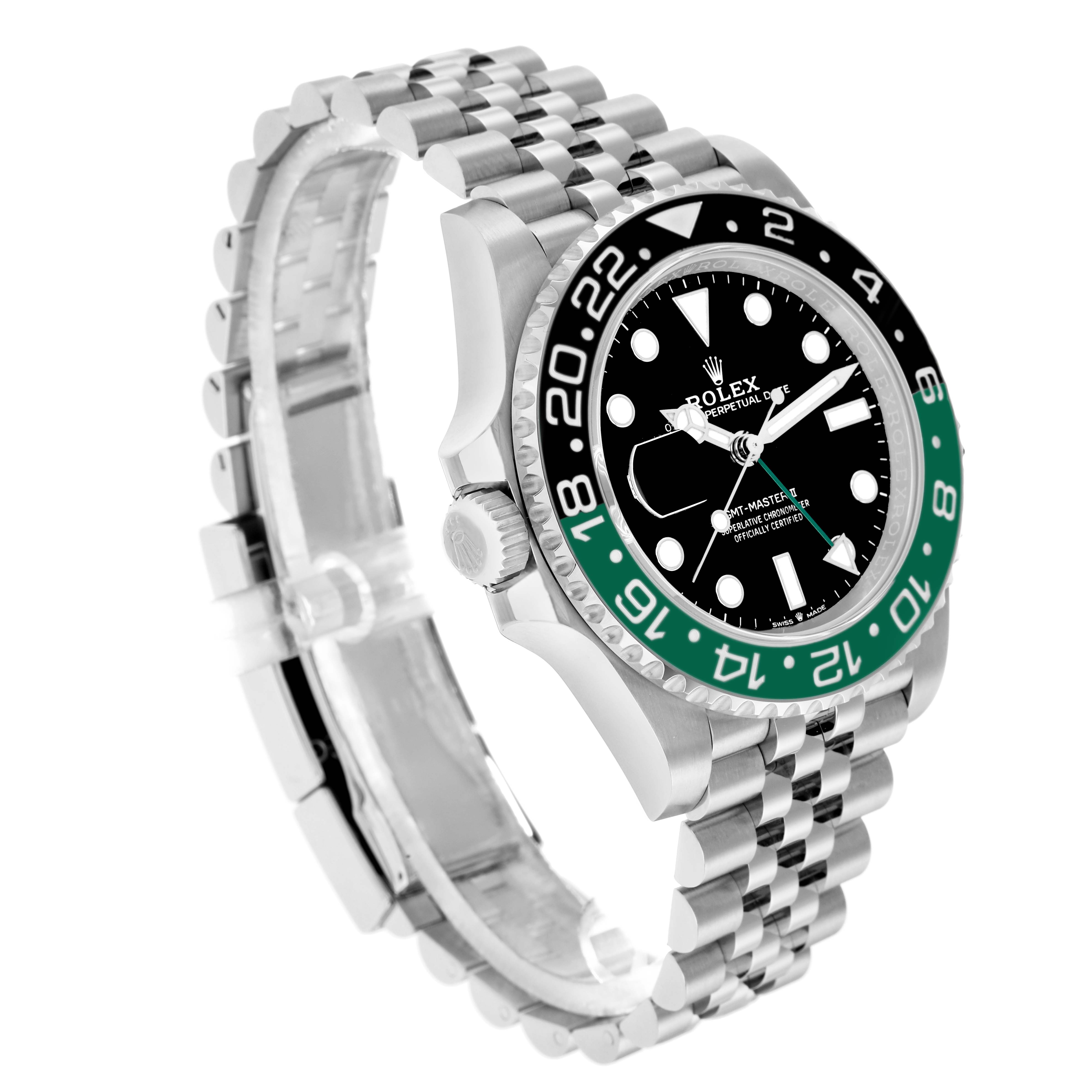 The Rolex GMT-Master 126720 Men
s Stainless Steel Black Dial watch is shown at an angle displaying the face, bezel, bracelet, and crown.