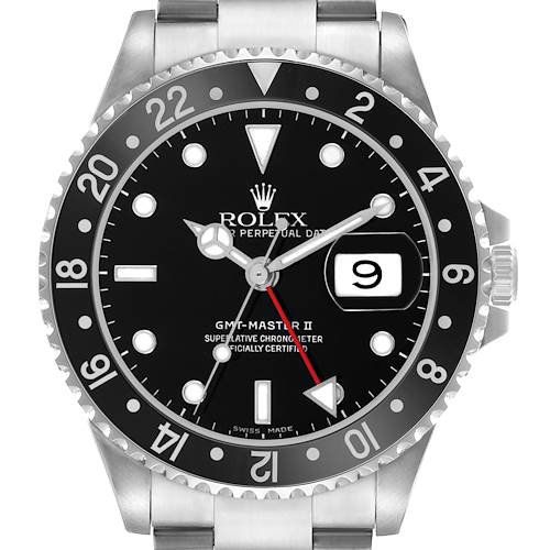 The image shows a front view of a Rolex GMT-Master 16710 Men's Stainless Steel Black Dial II watch, highlighting the bezel, dial, and date function.