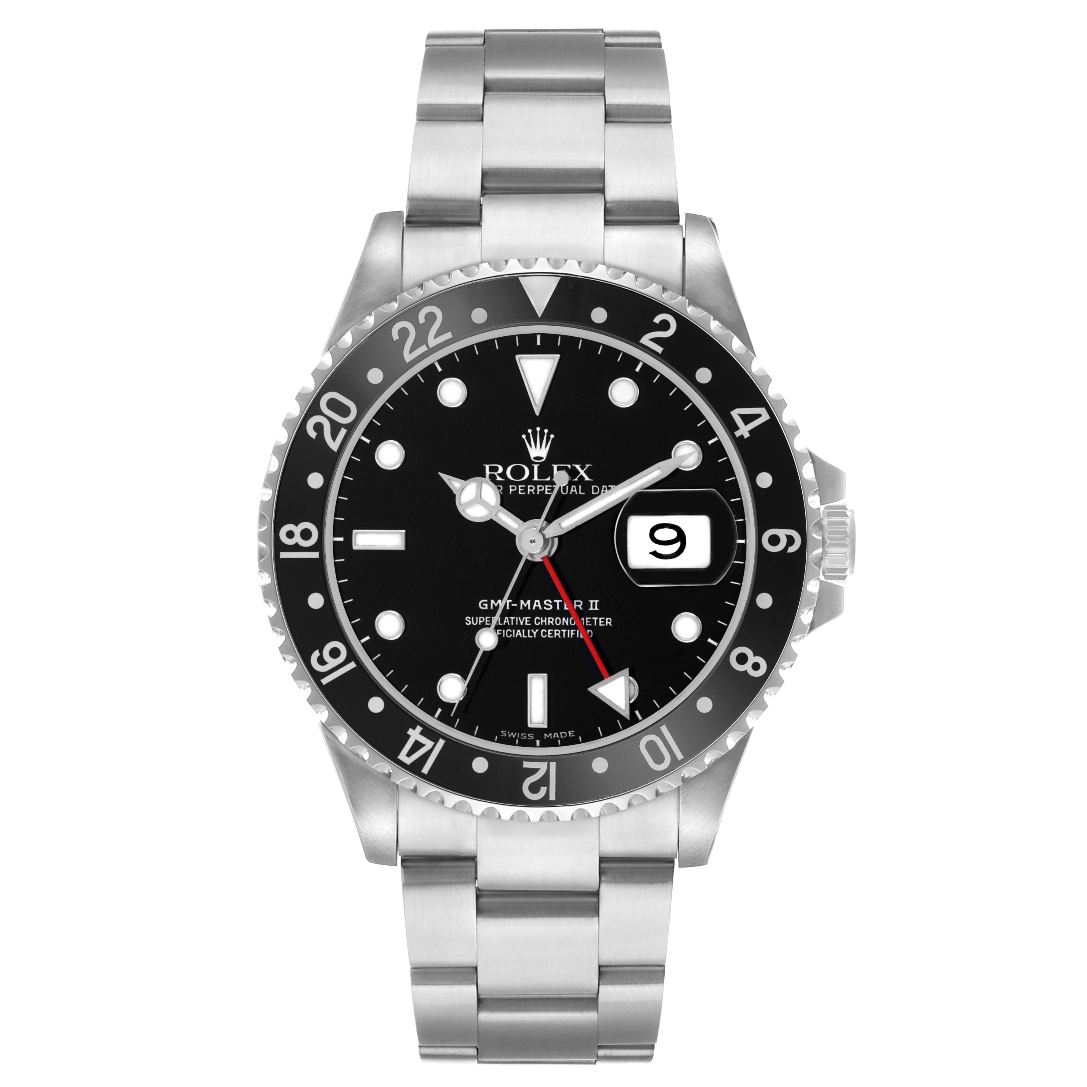 The Rolex GMT-Master 16710 Men's Stainless Steel Black Dial watch is shown face-on, highlighting the dial, bezel, and metal bracelet.