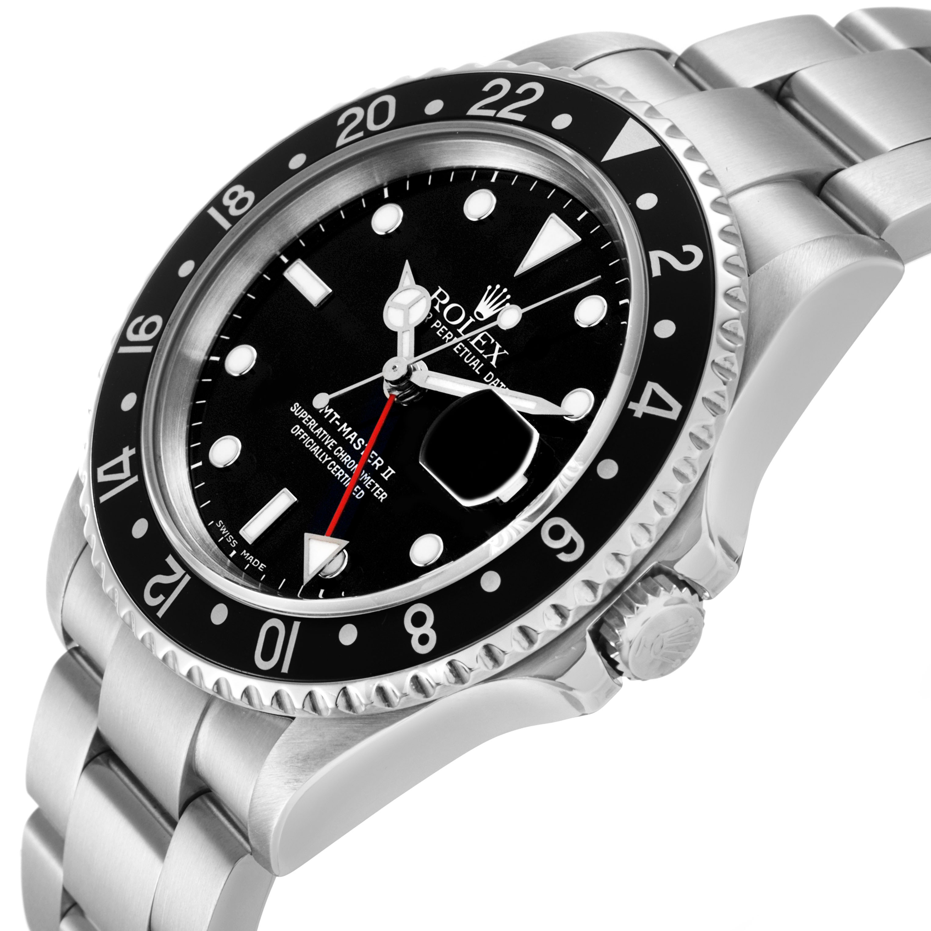 The Rolex GMT-Master 16710 Men's Stainless Steel Black Dial watch is shown at an angle emphasizing the face, bezel, and bracelet.