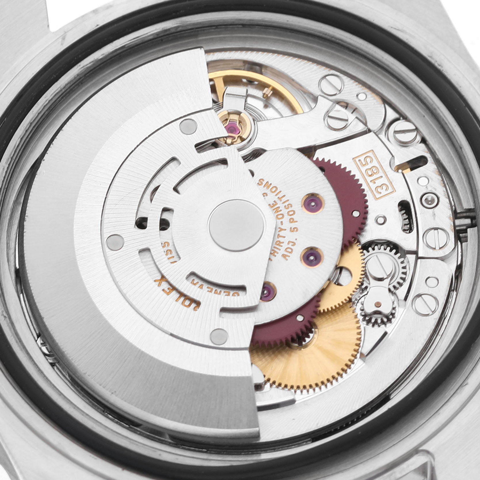 The image shows the movement of a Rolex GMT-Master 16710 Men's Stainless Steel Black Dial, highlighting gears and the rotor from a close-up angle.