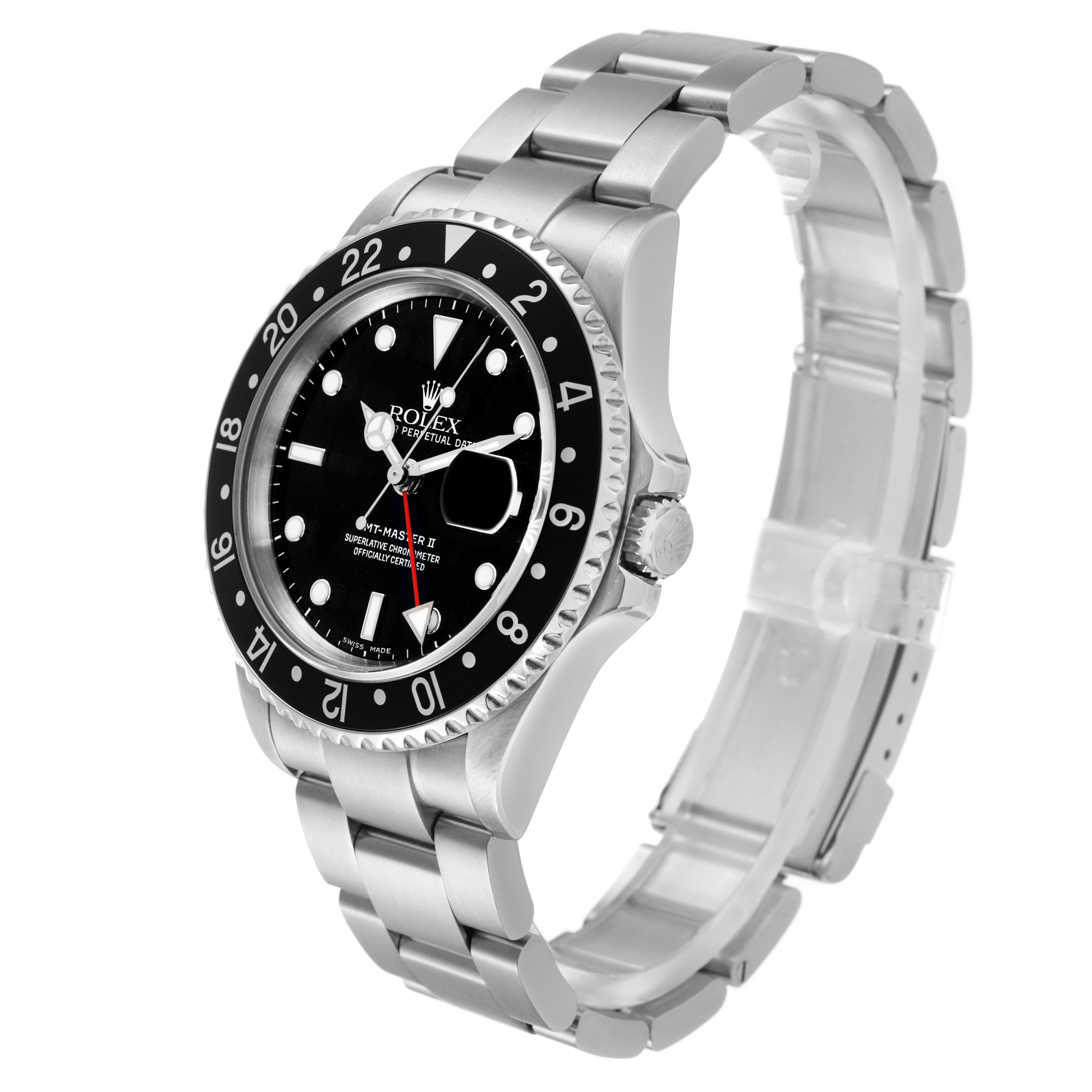 The Rolex GMT-Master 16710 Men's Stainless Steel Black Dial model is shown from a three-quarter angle, displaying the dial, bezel, and bracelet.