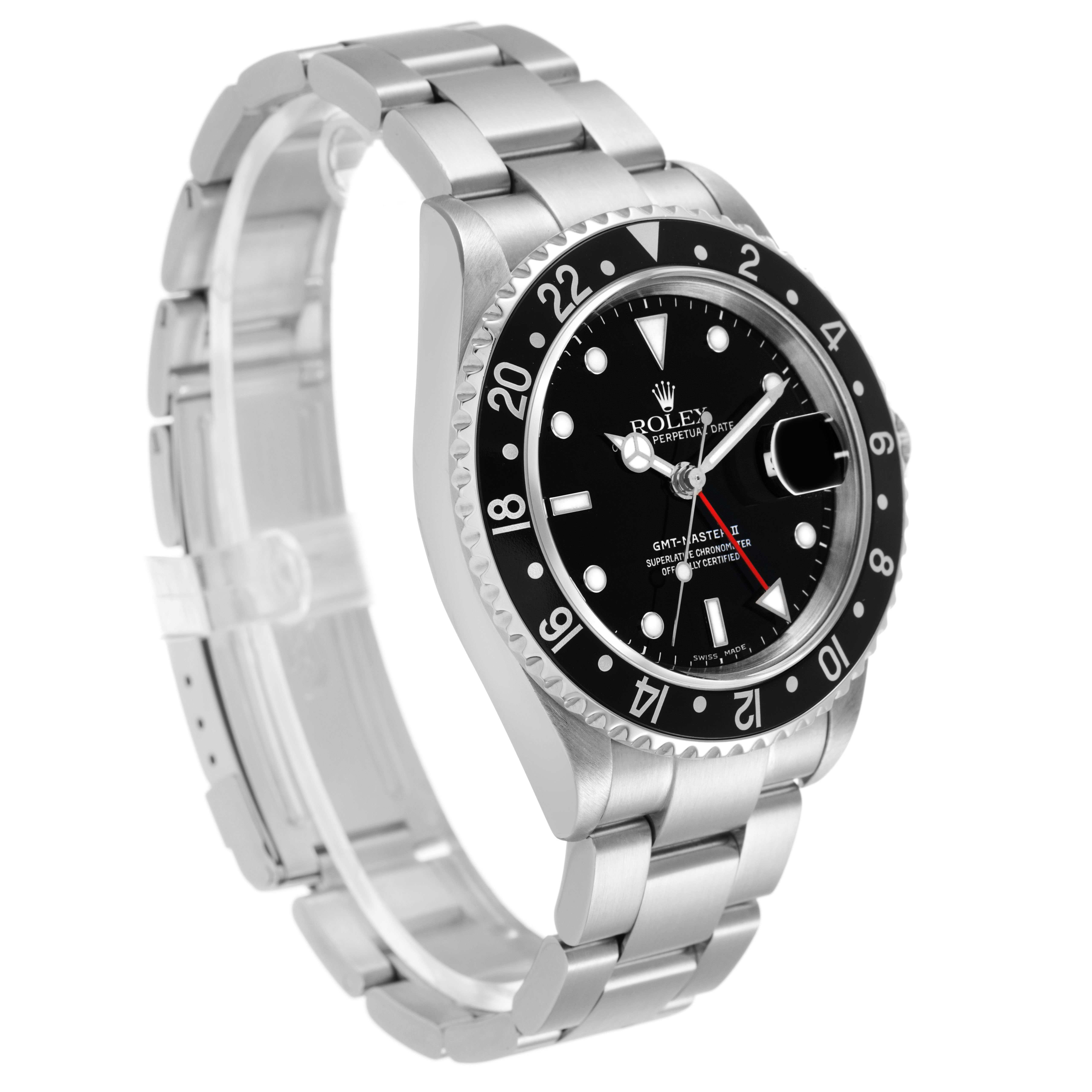 The Rolex GMT-Master 16710 Men's Stainless Steel Black Dial watch is shown at a three-quarter angle highlighting the bracelet, bezel, and face.