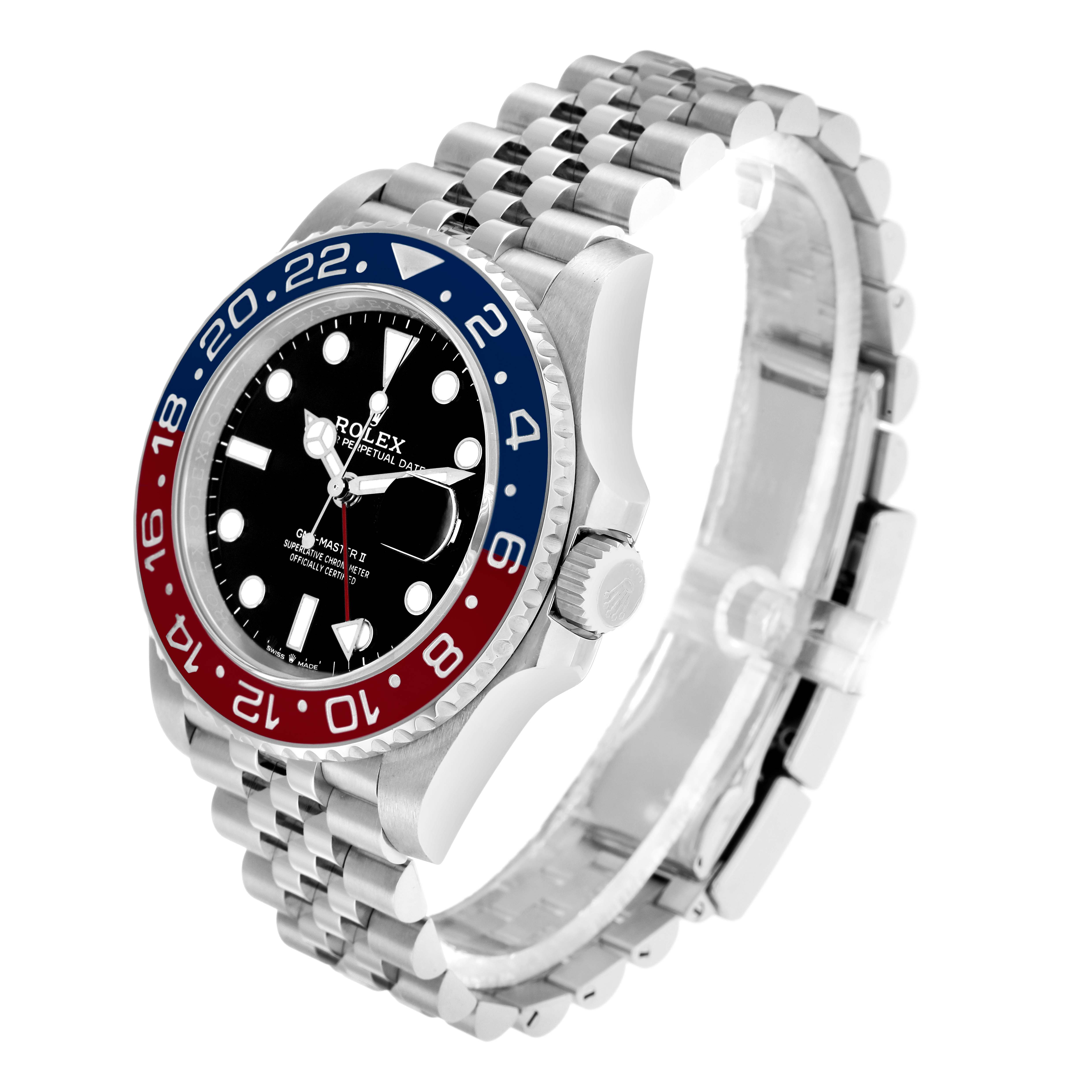 The Rolex GMT-Master 126710 Men
s Stainless Steel Black Dial watch is shown at a three-quarter angle, displaying the bezel, dial, crown, and bracelet.