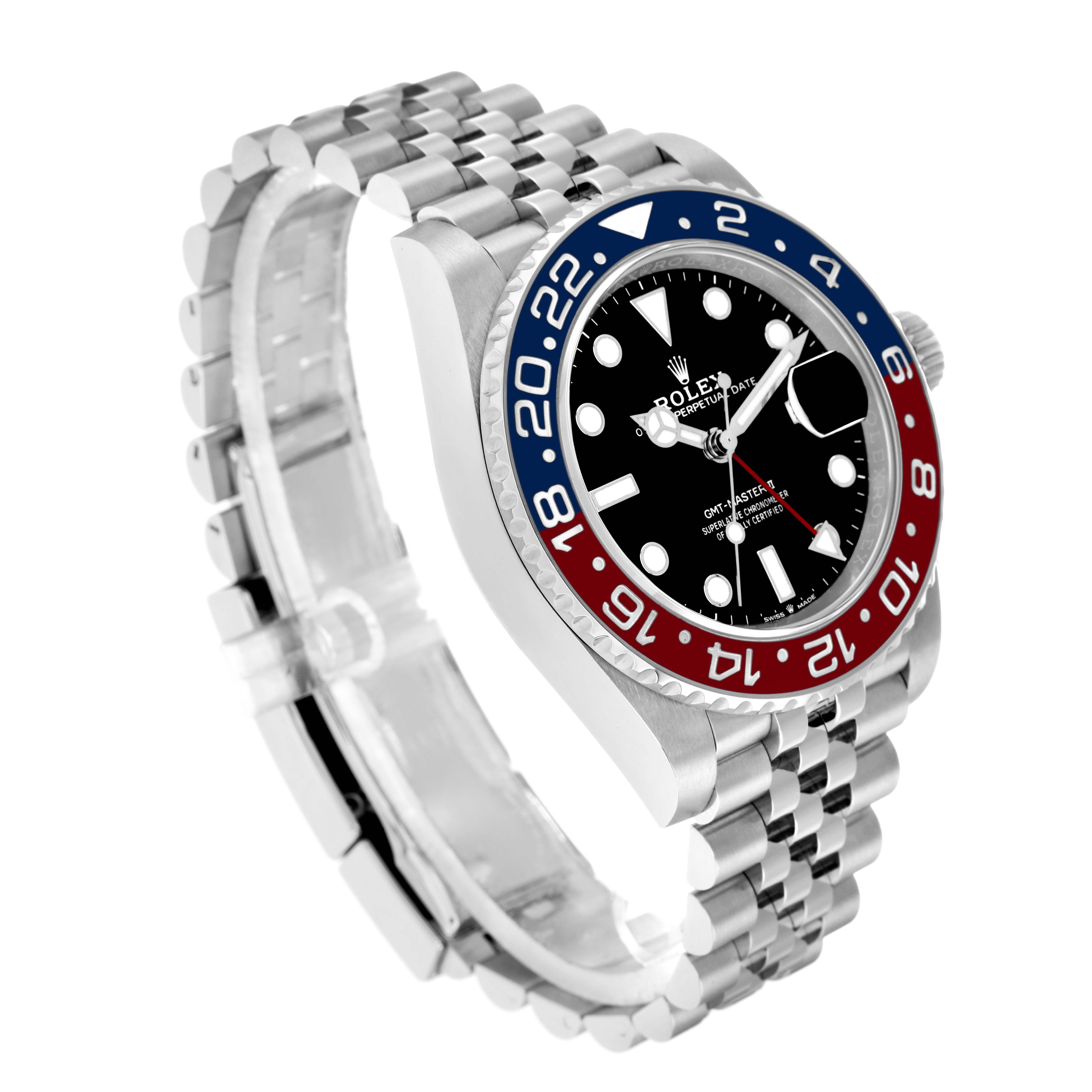 The Rolex GMT-Master 126710 Men
s Stainless Steel Black Dial watch is shown at an angled side view, displaying the bezel, dial, and partial bracelet.