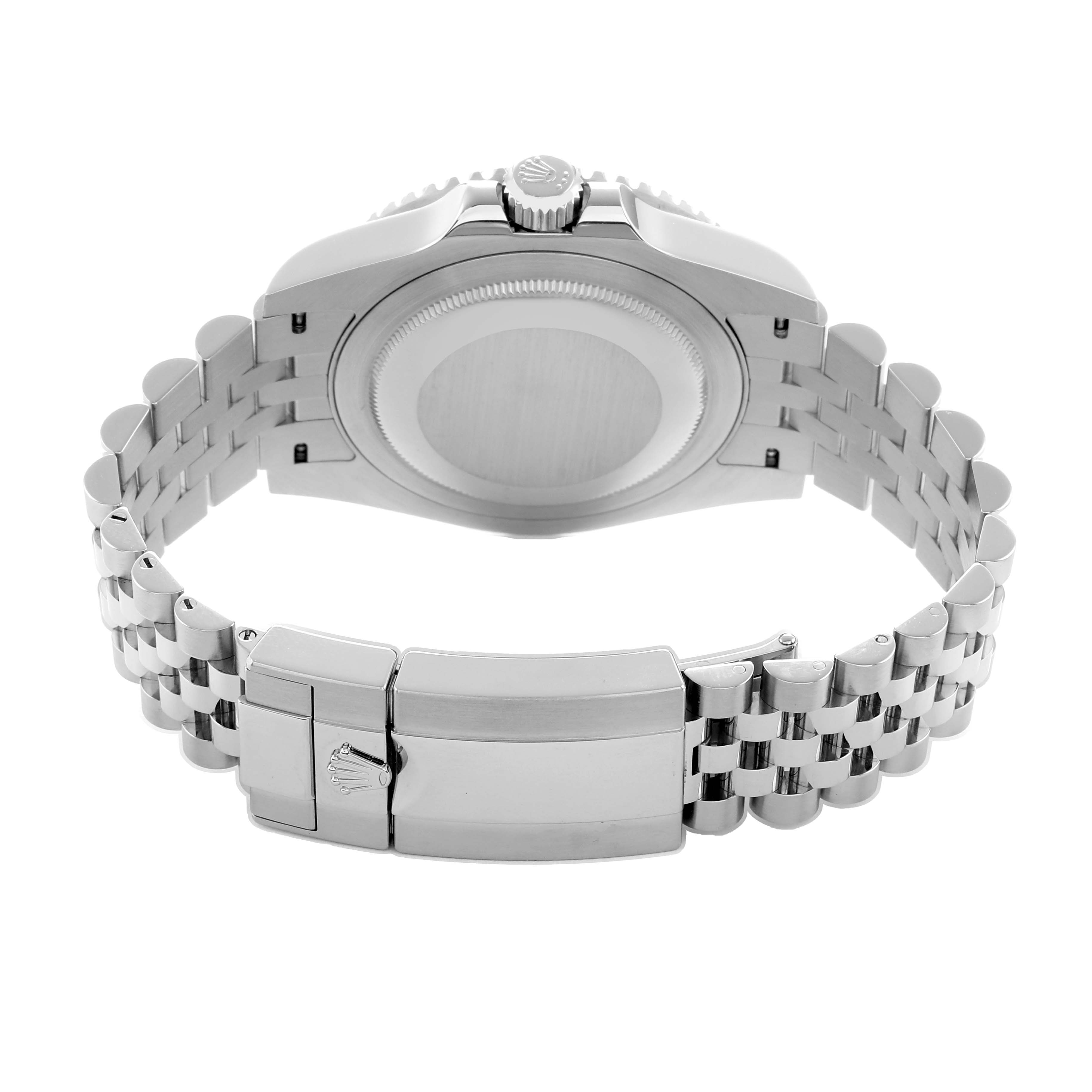 The Rolex GMT-Master 126710 Men
s Stainless Steel Black Dial watch is shown from the back, displaying the case back, jubilee bracelet, and clasp.