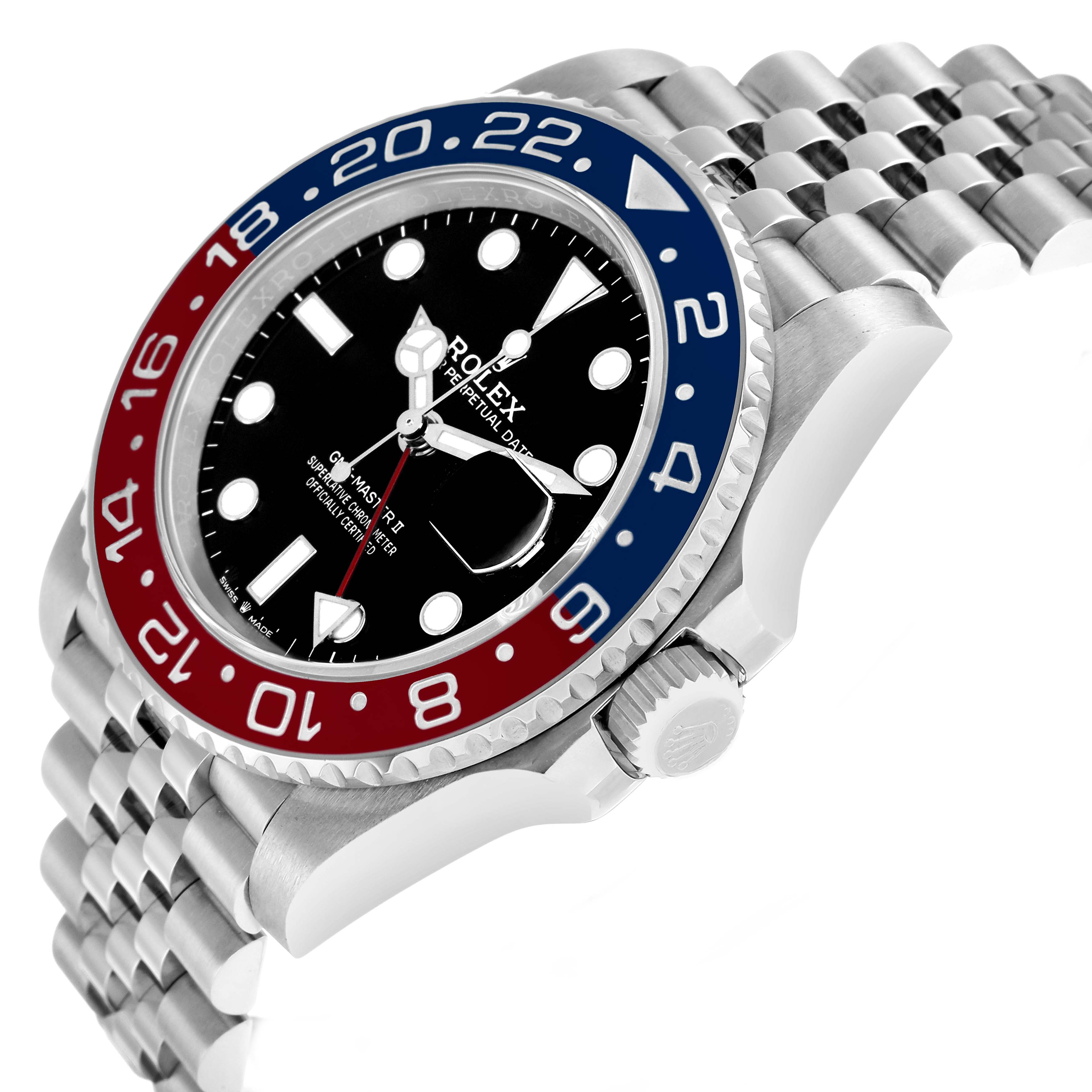 This Rolex GMT-Master 126710 Men
s Stainless Steel Black Dial watch is shown at a three-quarter angle, revealing the bezel, dial, crown, and bracelet.