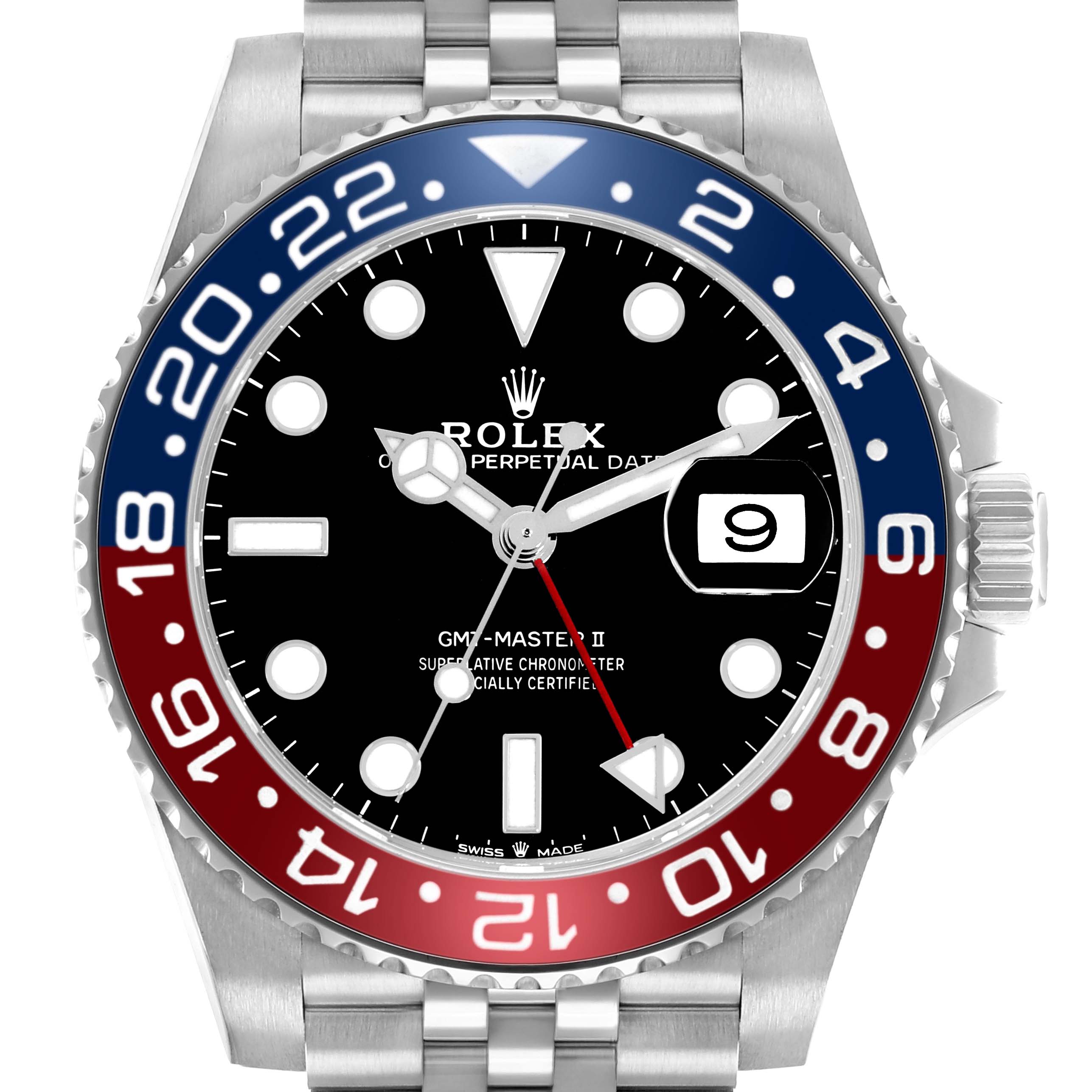 The Rolex GMT-Master 126710 Men
s Stainless Steel Black Dial watch is shown from the front, displaying the dial, bezel, and part of the bracelet.