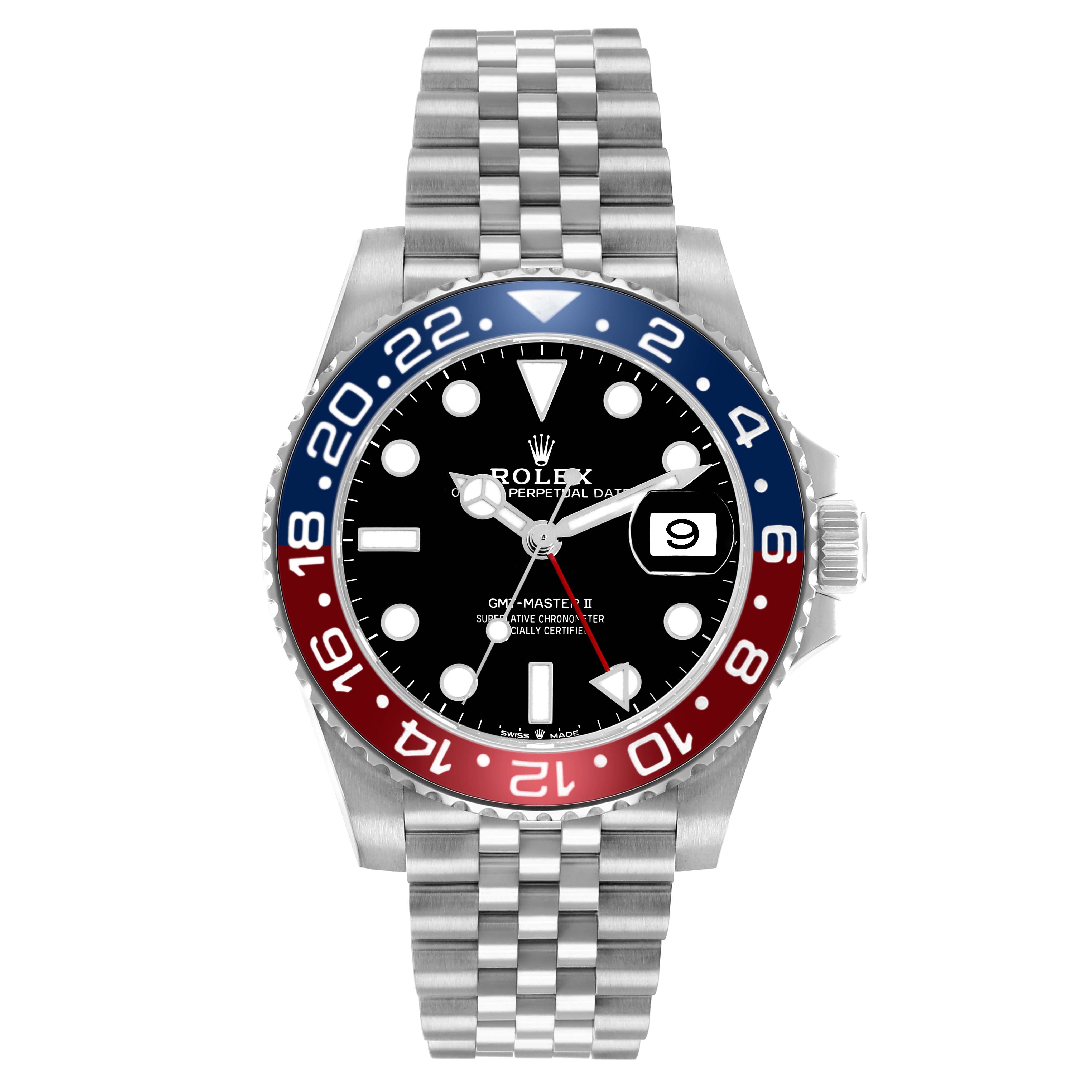 The Rolex GMT-Master 126710 Men
s Stainless Steel Black Dial watch is shown from a front angle, highlighting its bezel, face, hands, and bracelet.