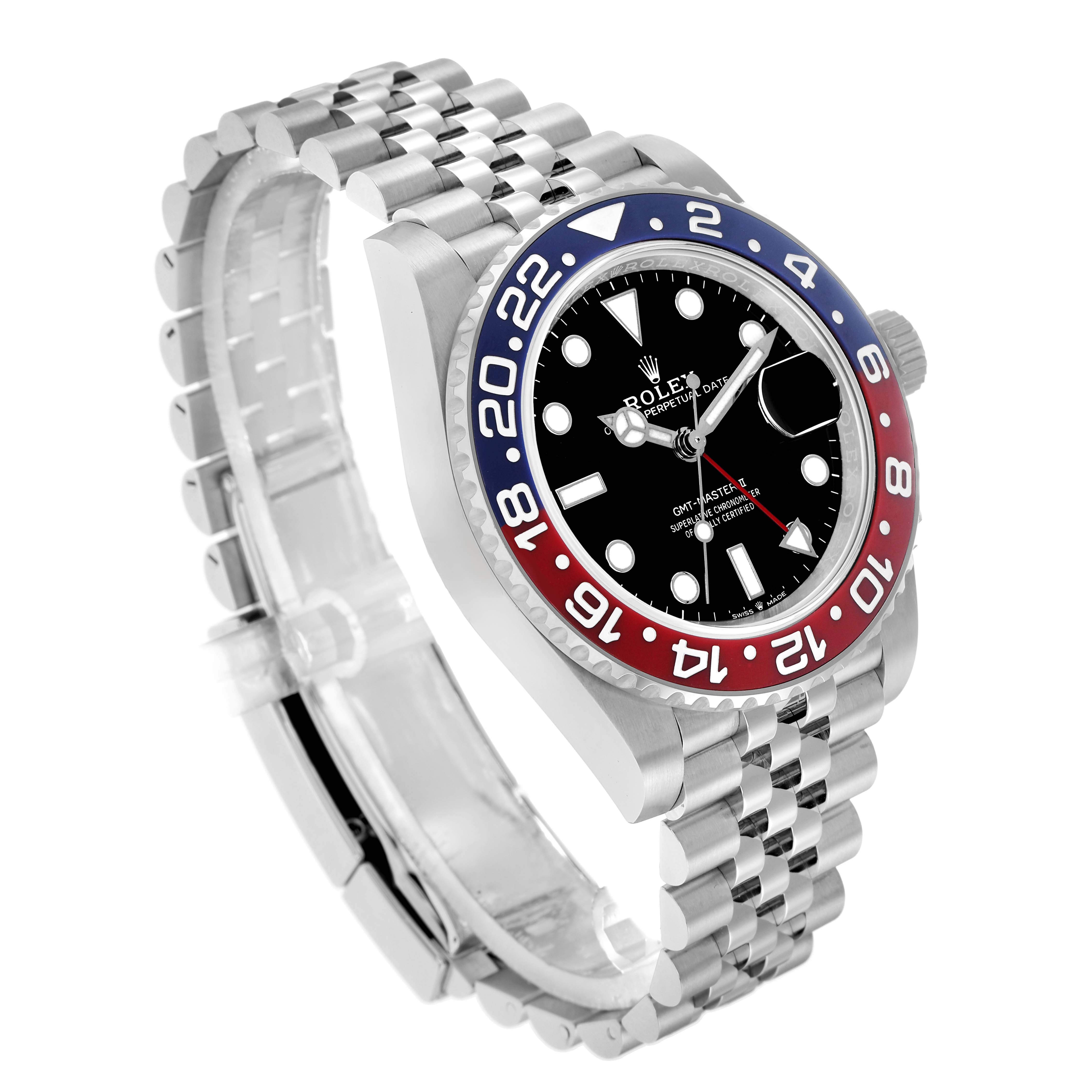 The Rolex GMT-Master 126710 Men
s Stainless Steel Black Dial watch is shown at a three-quarter angle displaying its face, bezel, crown, and Jubilee bracelet.