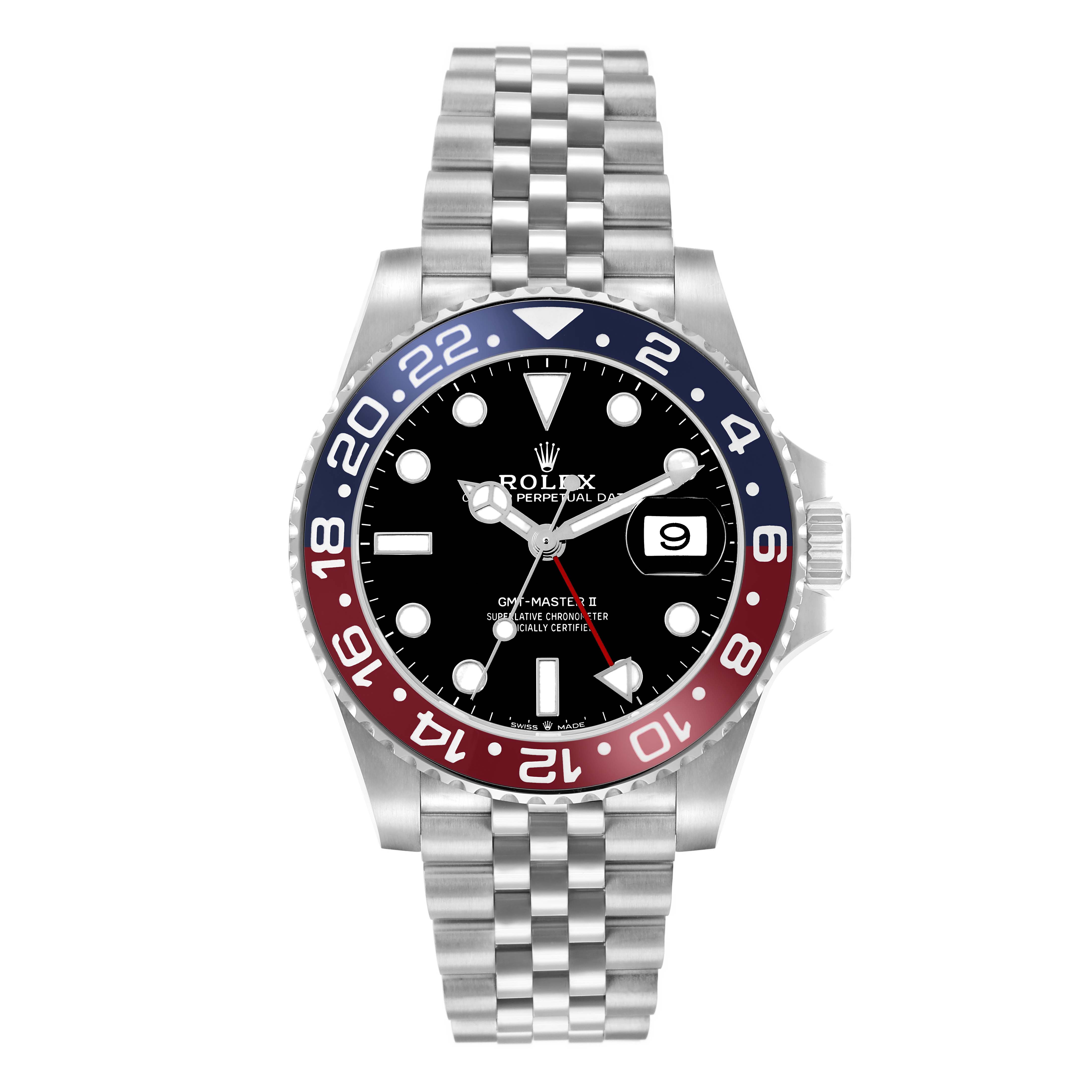 The Rolex GMT-Master 126710 Men
s Stainless Steel Black Dial watch is shown from a top-down angle, displaying the bezel, dial, hands, and bracelet.