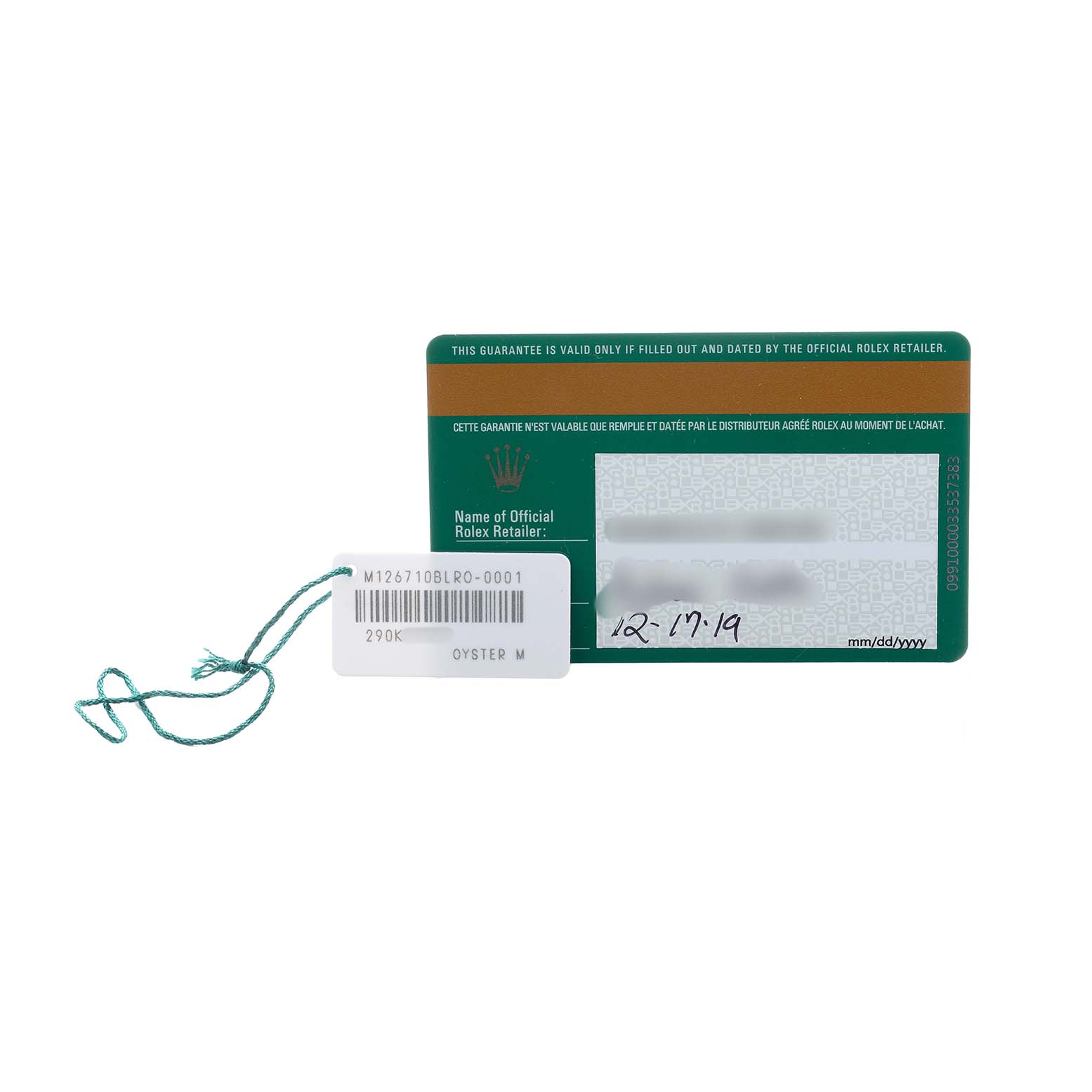 The image shows a Rolex GMT-Master 126710 Men
s Stainless Steel Black Dial guarantee card and a tag labeled "Oyster M."