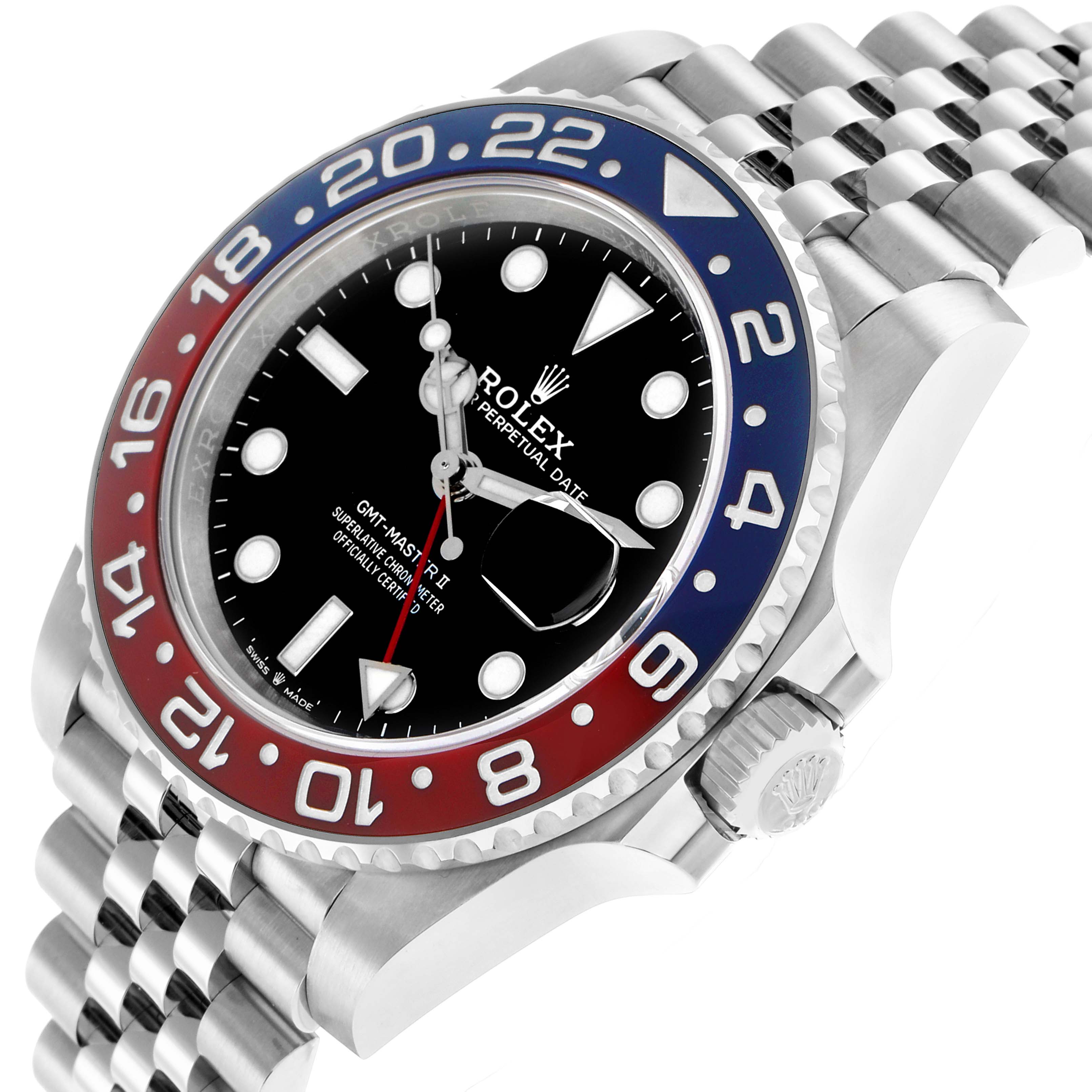 The Rolex GMT-Master 126710 Men
s Stainless Steel Black Dial watch is shown from a three-quarter angle, highlighting the bezel, crown, and Jubilee bracelet.