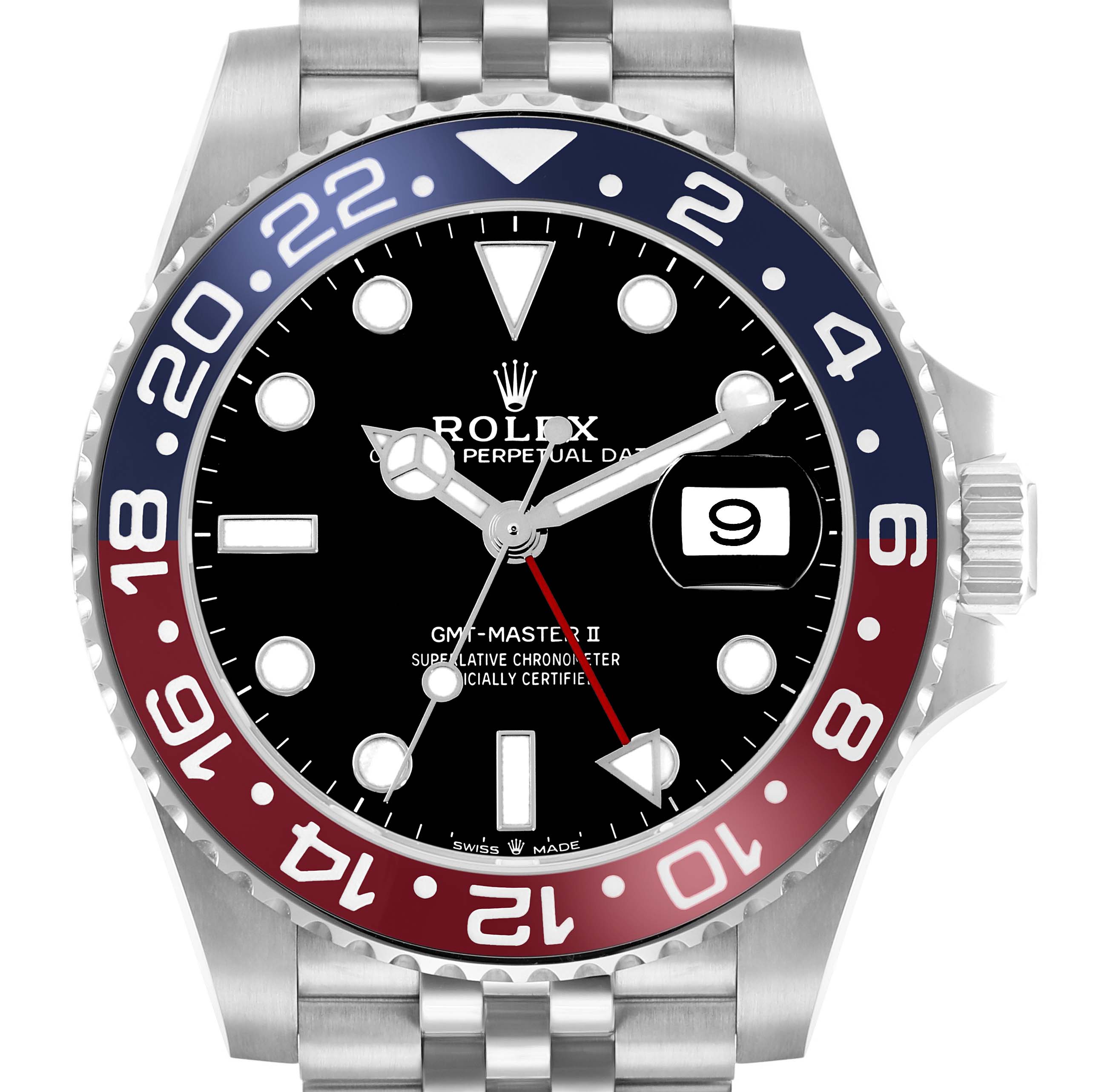 The image shows a front view of a Rolex GMT-Master 126710 Men
s Stainless Steel Black Dial II watch, highlighting the bezel, dial, and date window.