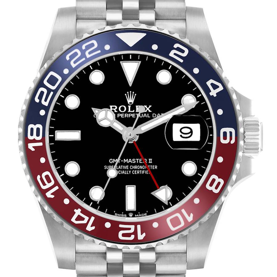 The image shows a front view of a Rolex GMT-Master 126710 Men's Stainless Steel Black Dial II watch, highlighting the bezel, dial, and date window.