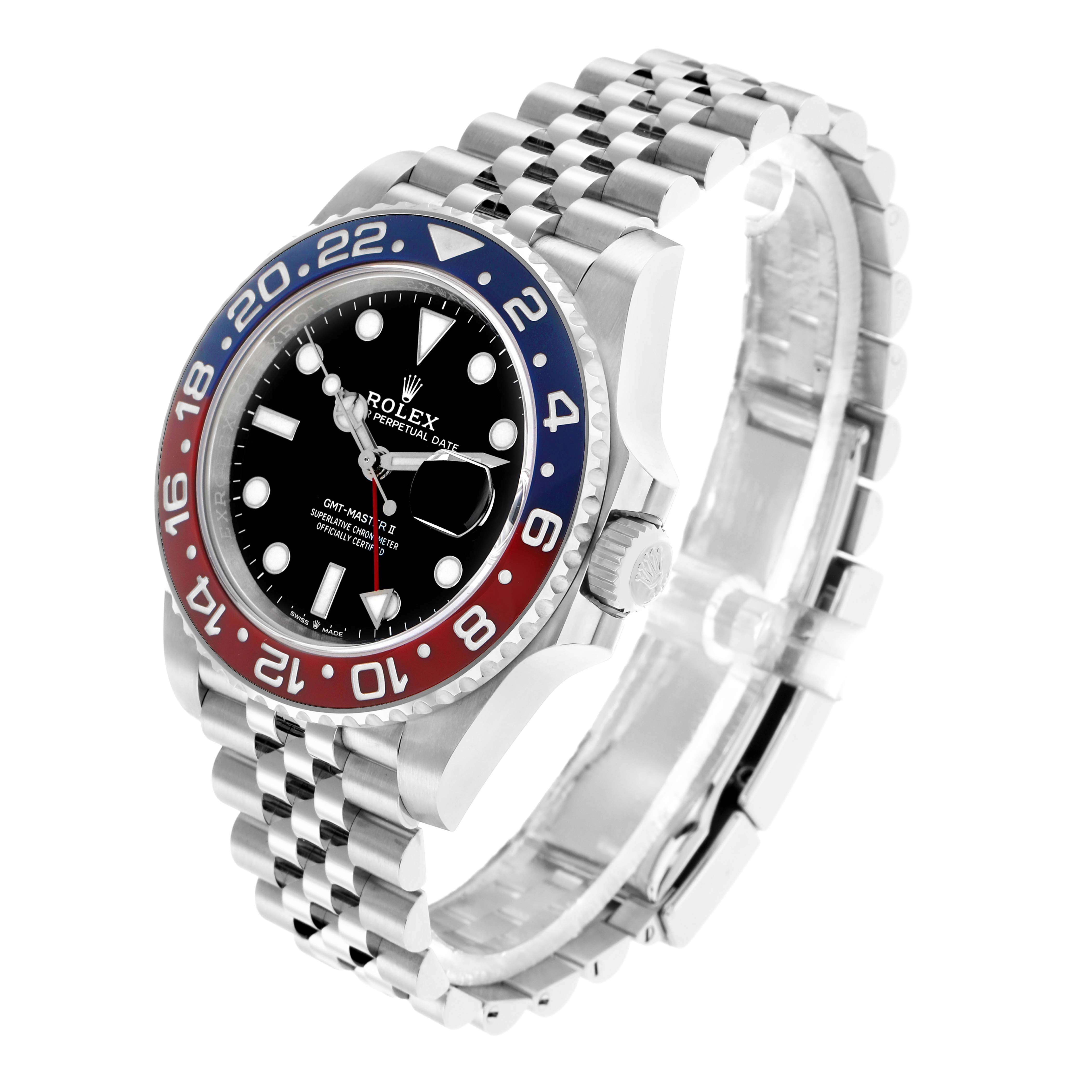 The Rolex GMT-Master 126710 Men
s Stainless Steel Black Dial watch is shown at a three-quarter angle, highlighting the bezel, dial, and jubilee bracelet.