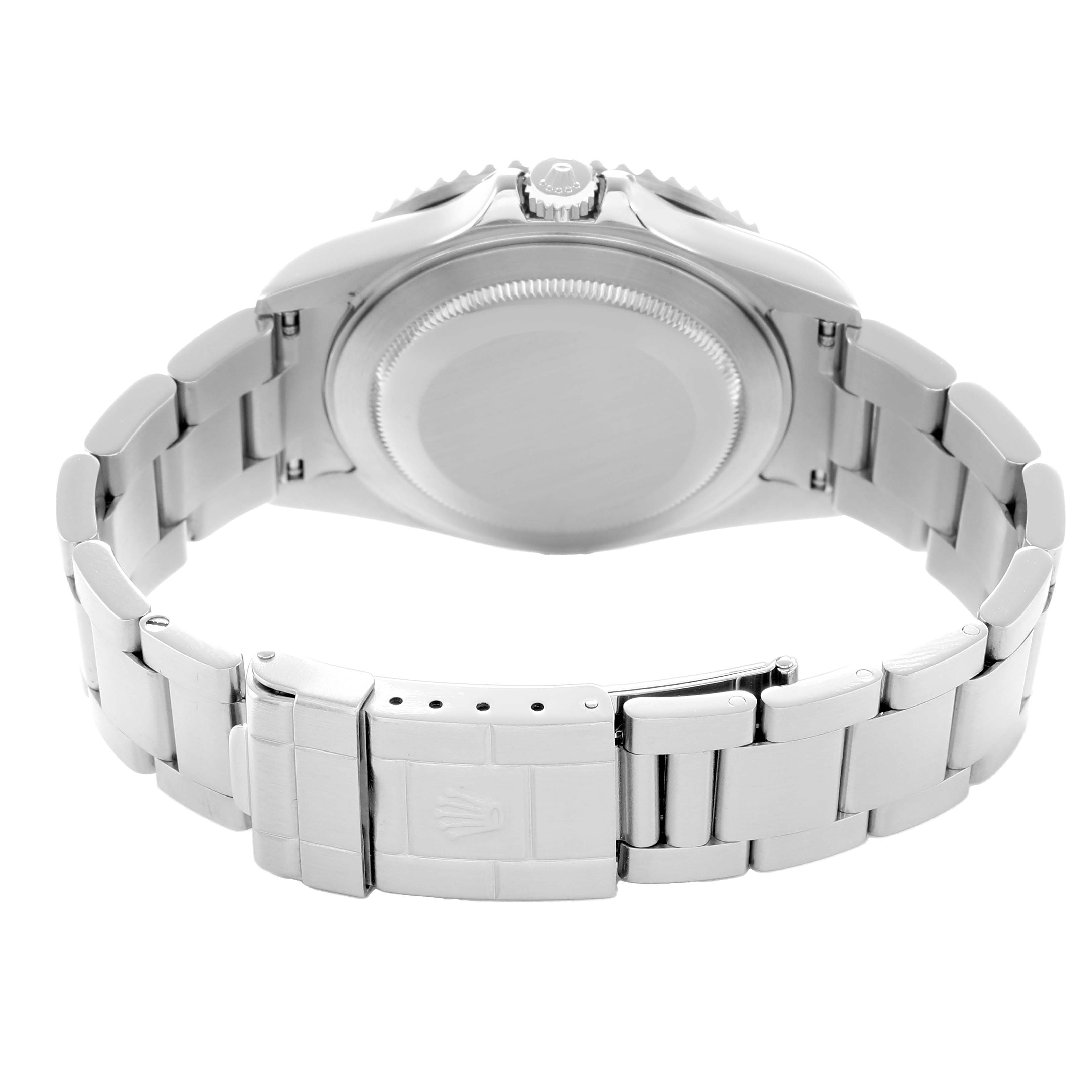 The image shows the back and clasp of a Rolex GMT-Master 16710 Men
s Stainless Steel Black Dial watch, highlighting the bracelet and case back.