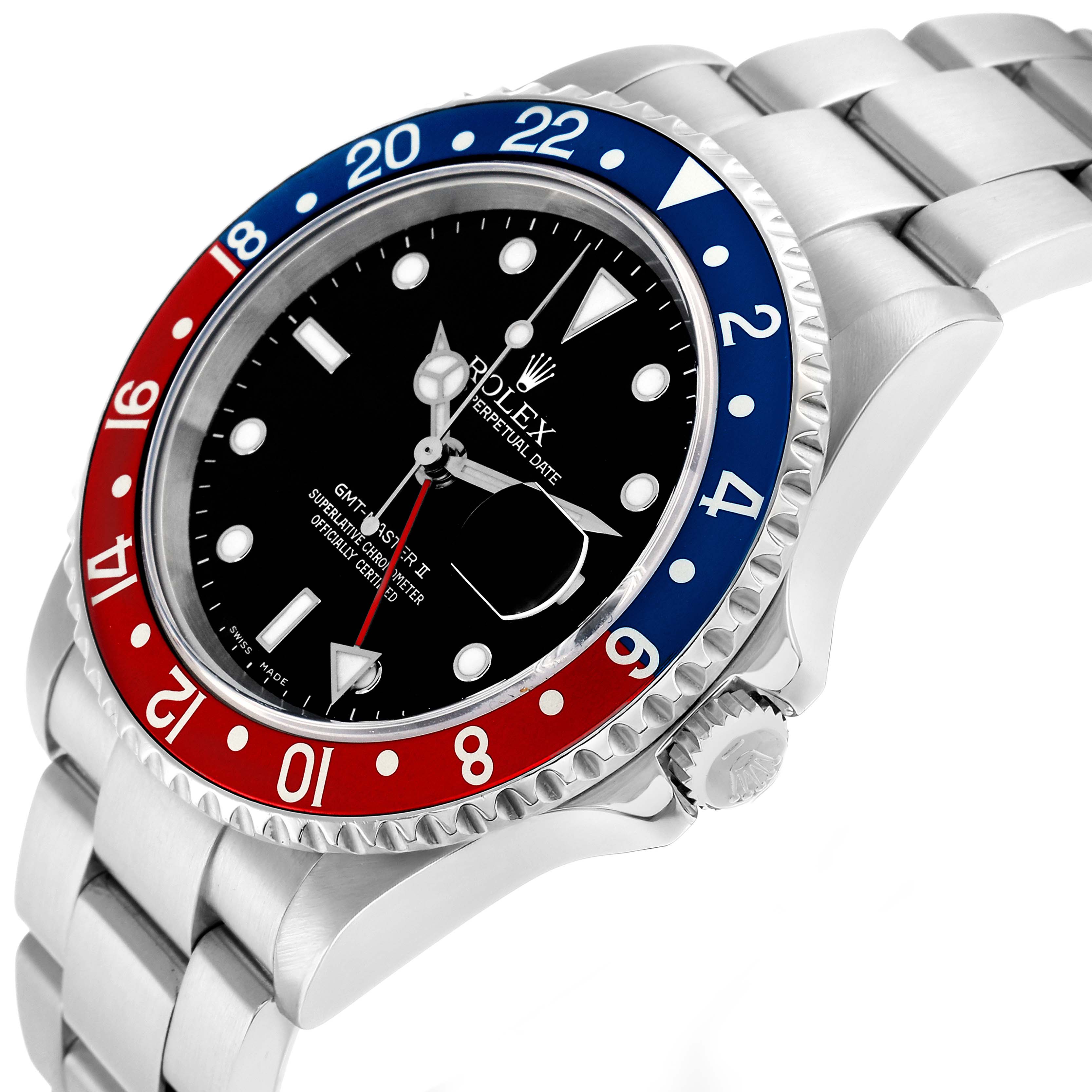 The Rolex GMT-Master 16710 Men
s Stainless Steel Black Dial watch is shown at a three-quarter angle, highlighting the bezel, dial, and bracelet.
