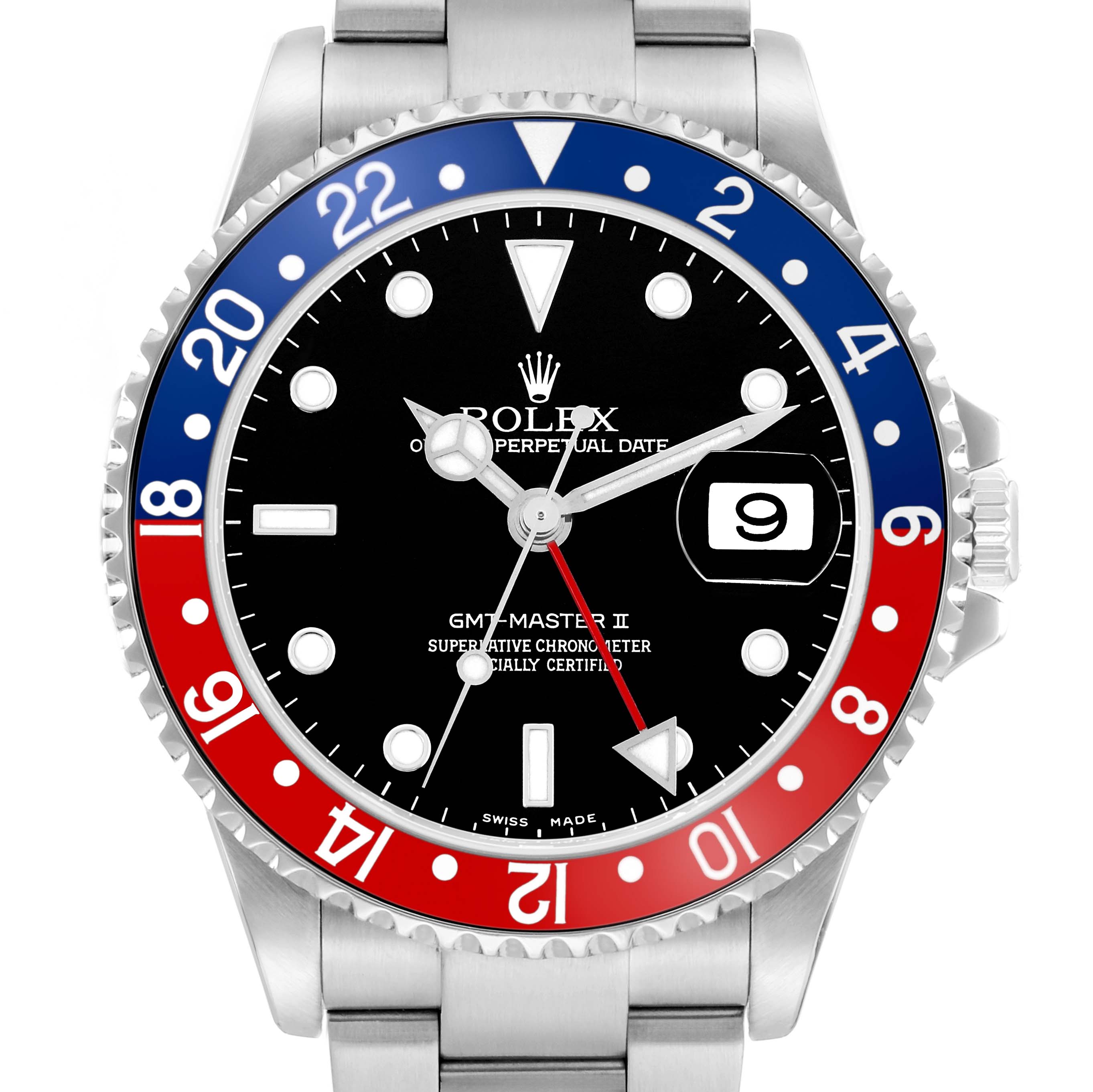 The Rolex GMT-Master 16710 Men
s Stainless Steel Black Dial watch is shown from a front angle, highlighting its two-tone blue and red bezel, dial, and bracelet.