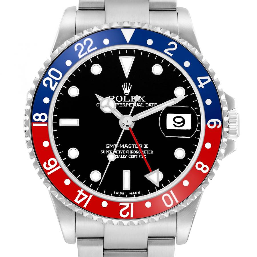 The Rolex GMT-Master 16710 Men's Stainless Steel Black Dial watch is shown from a front angle, highlighting its two-tone blue and red bezel, dial, and bracelet.