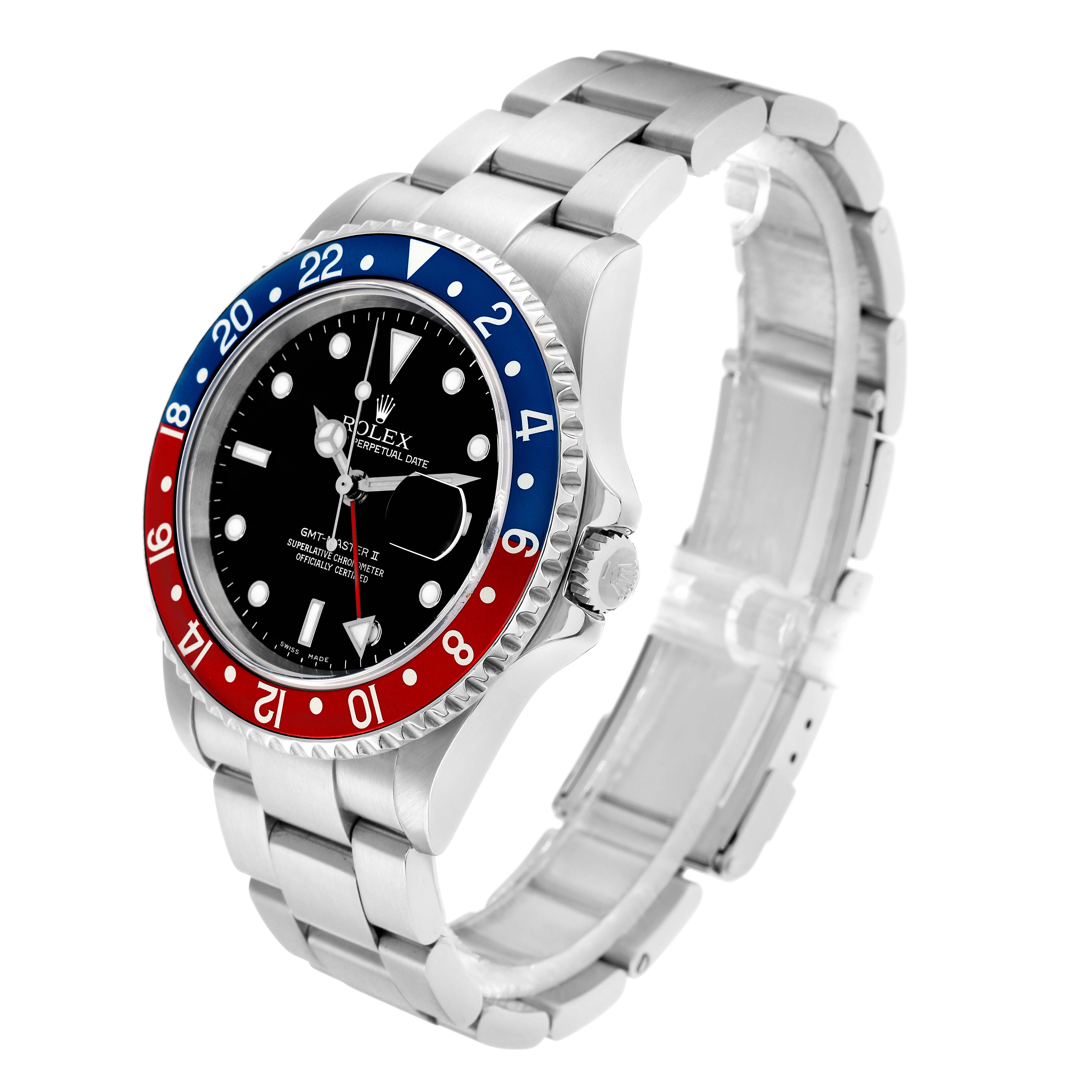 The Rolex GMT-Master 16710 Men
s Stainless Steel Black Dial watch is shown at a three-quarter angle, displaying the bezel, dial, and bracelet.