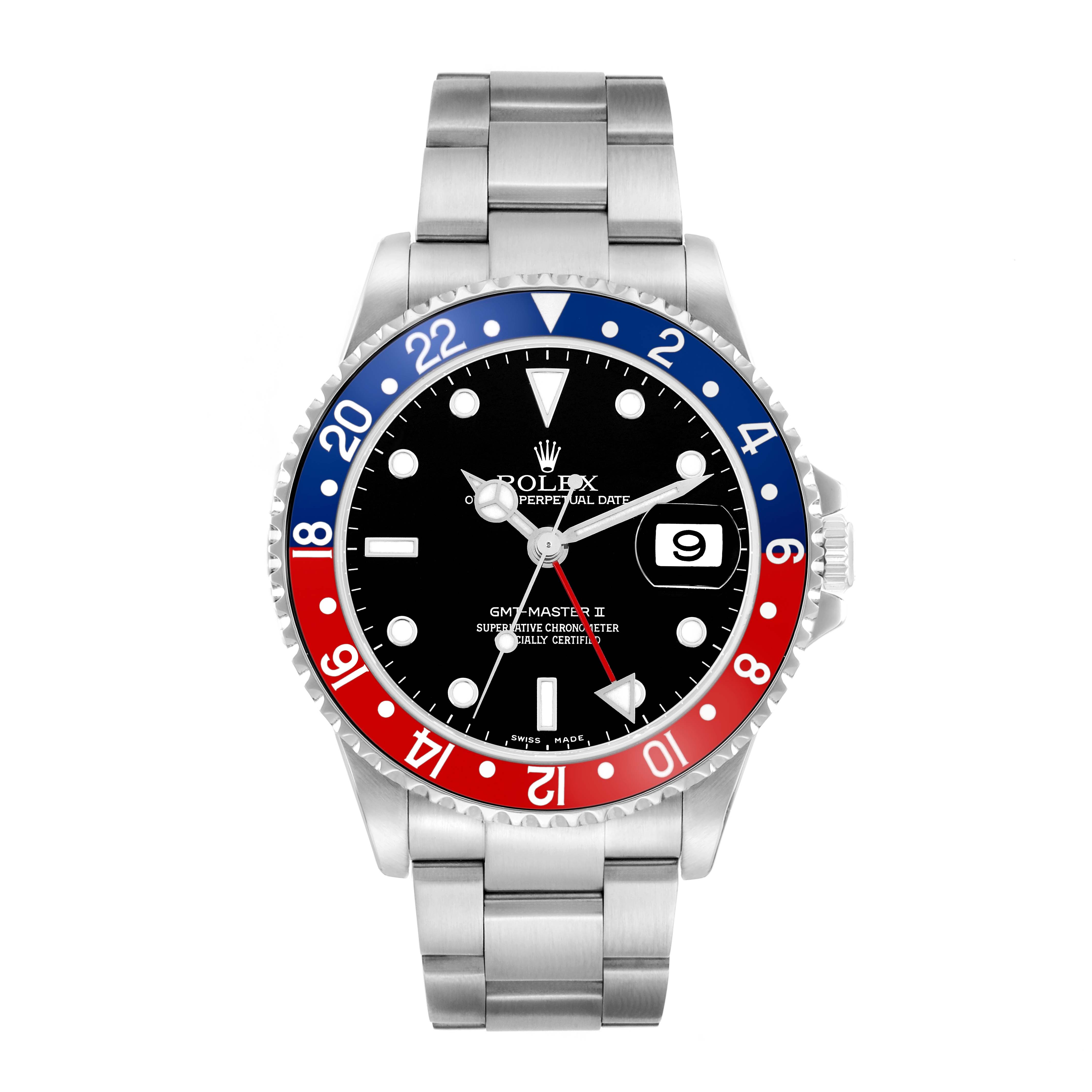 The Rolex GMT-Master 16710 Men
s Stainless Steel Black Dial watch is shown from the front, displaying the bezel, dial, hands, date window, and bracelet.