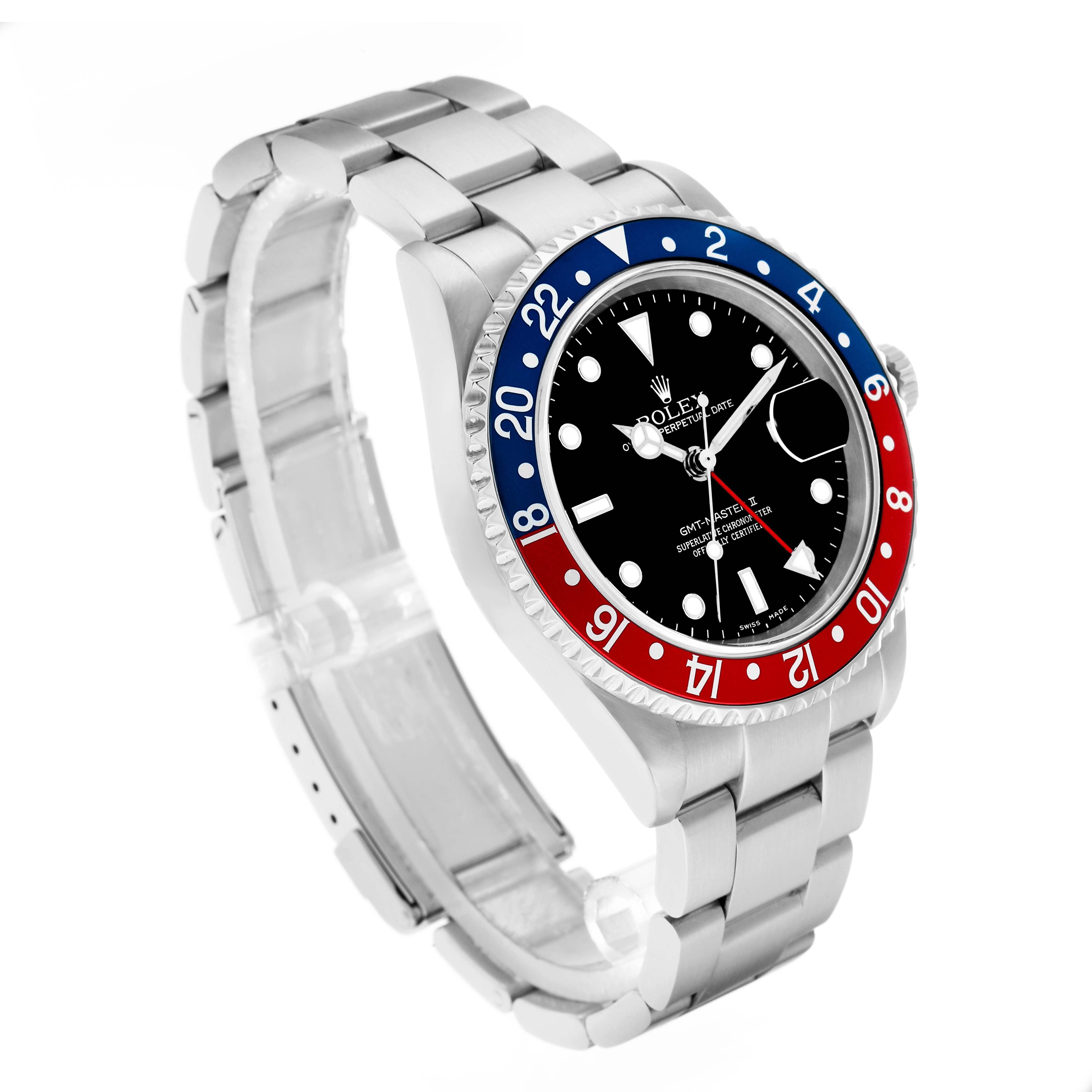 The Rolex GMT-Master 16710 Men
s Stainless Steel Black Dial watch is shown at a three-quarter angle highlighting the bezel, dial, and bracelet.