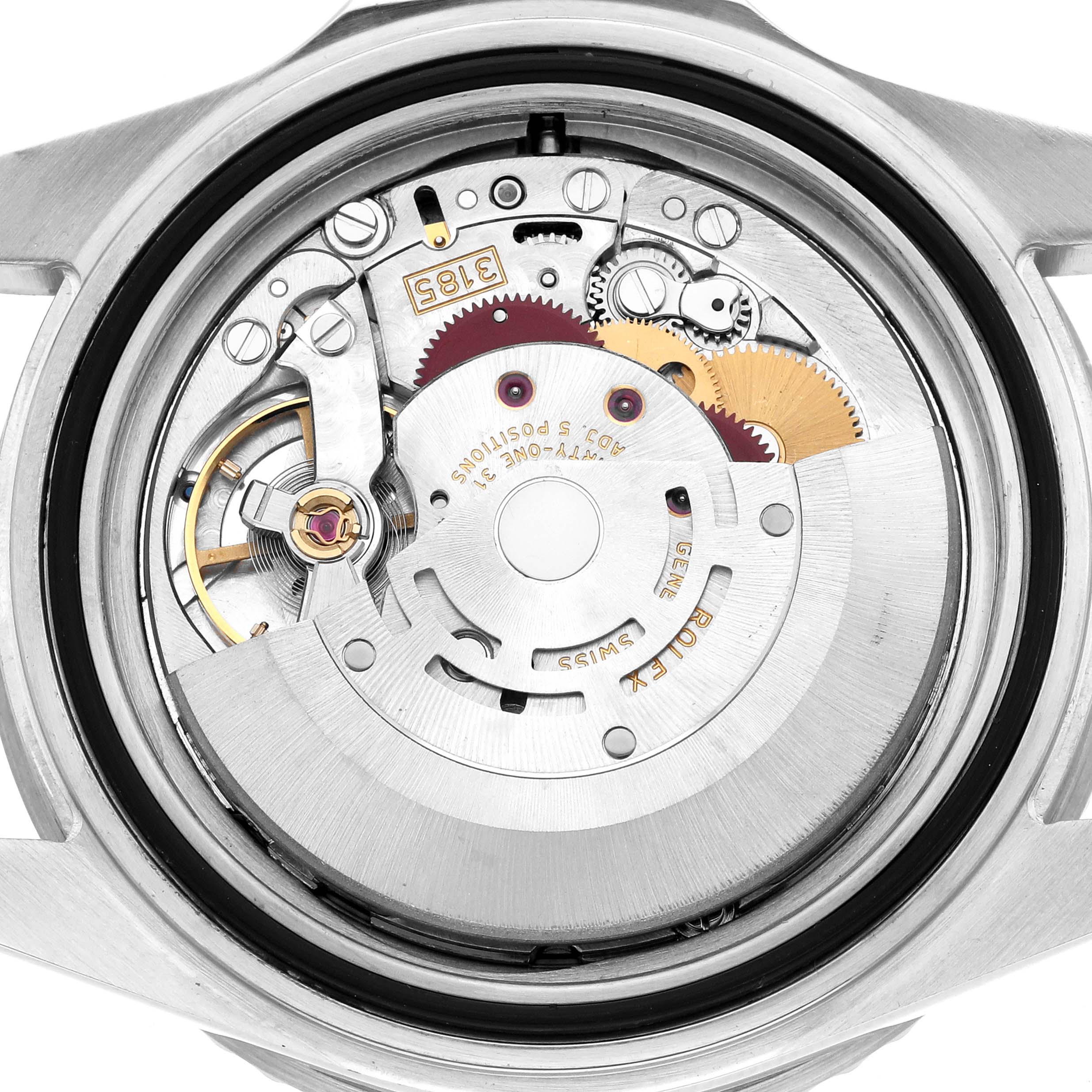 The image shows the movement mechanism of a Rolex GMT-Master 16710 Men
s Stainless Steel Black Dial watch from a rear angle, highlighting gears and the rotor.