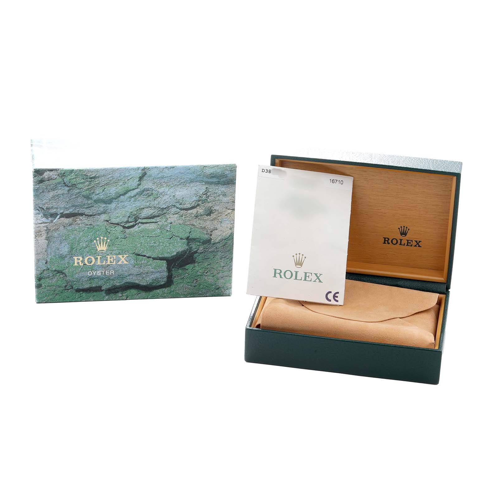 The image shows a Rolex GMT-Master 16710 Men
s Stainless Steel Black Dial box, outer sleeve, and booklet at an angle highlighting the branding.