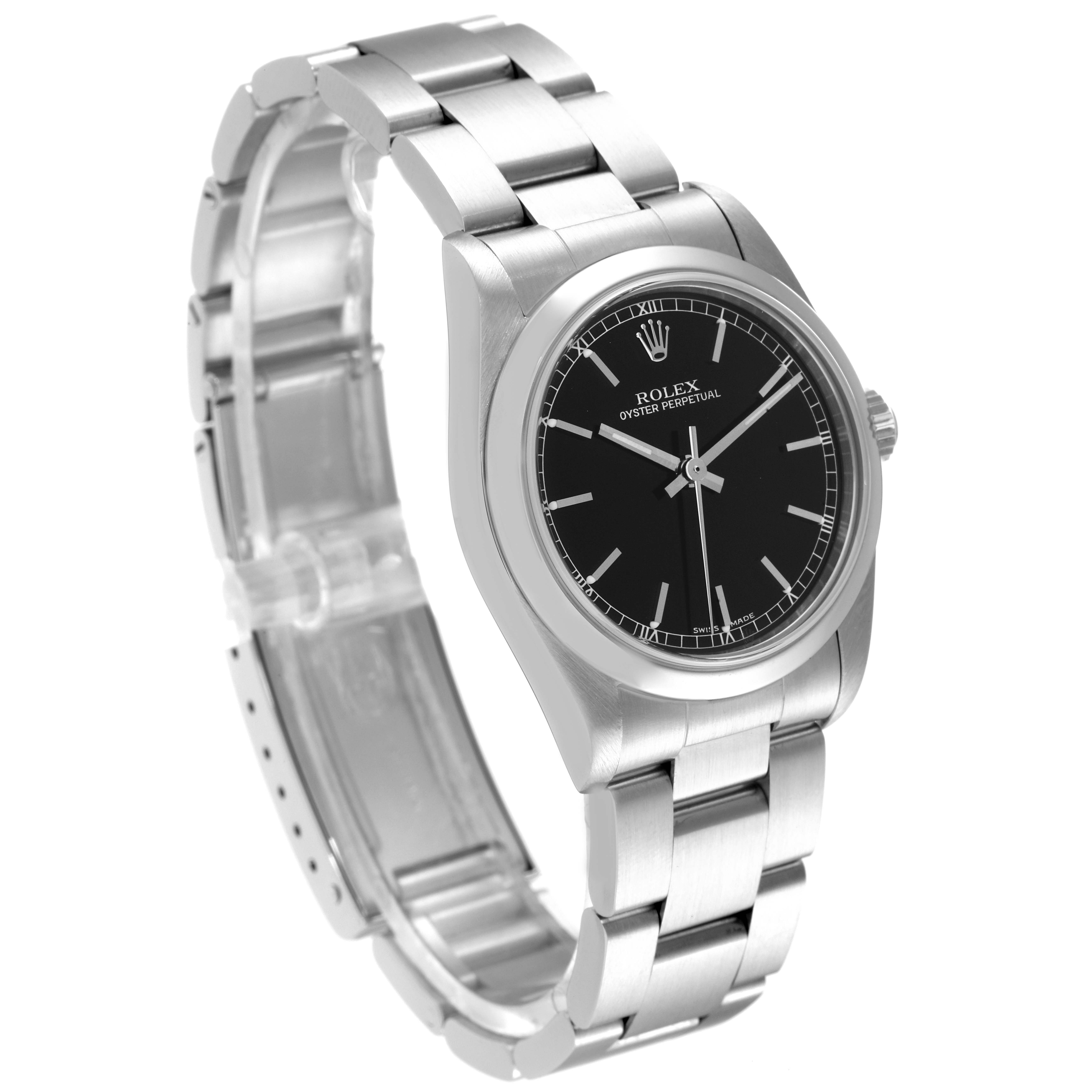 This Rolex Mid-Size 77080 Women
s Stainless Steel Black Dial 77080 Women
s Stainless Steel Black Dial model is shown at an angled view, displaying the bracelet, watch case, bezel, and black dial.