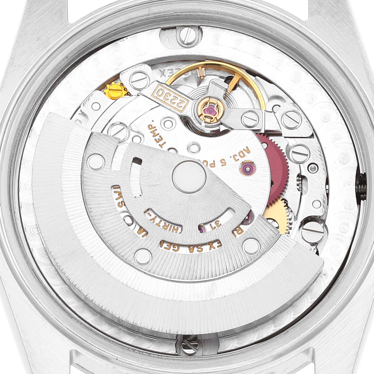 The image shows the internal mechanism of a Mid-Size Rolex watch viewed from the back, highlighting the automatic movement components.