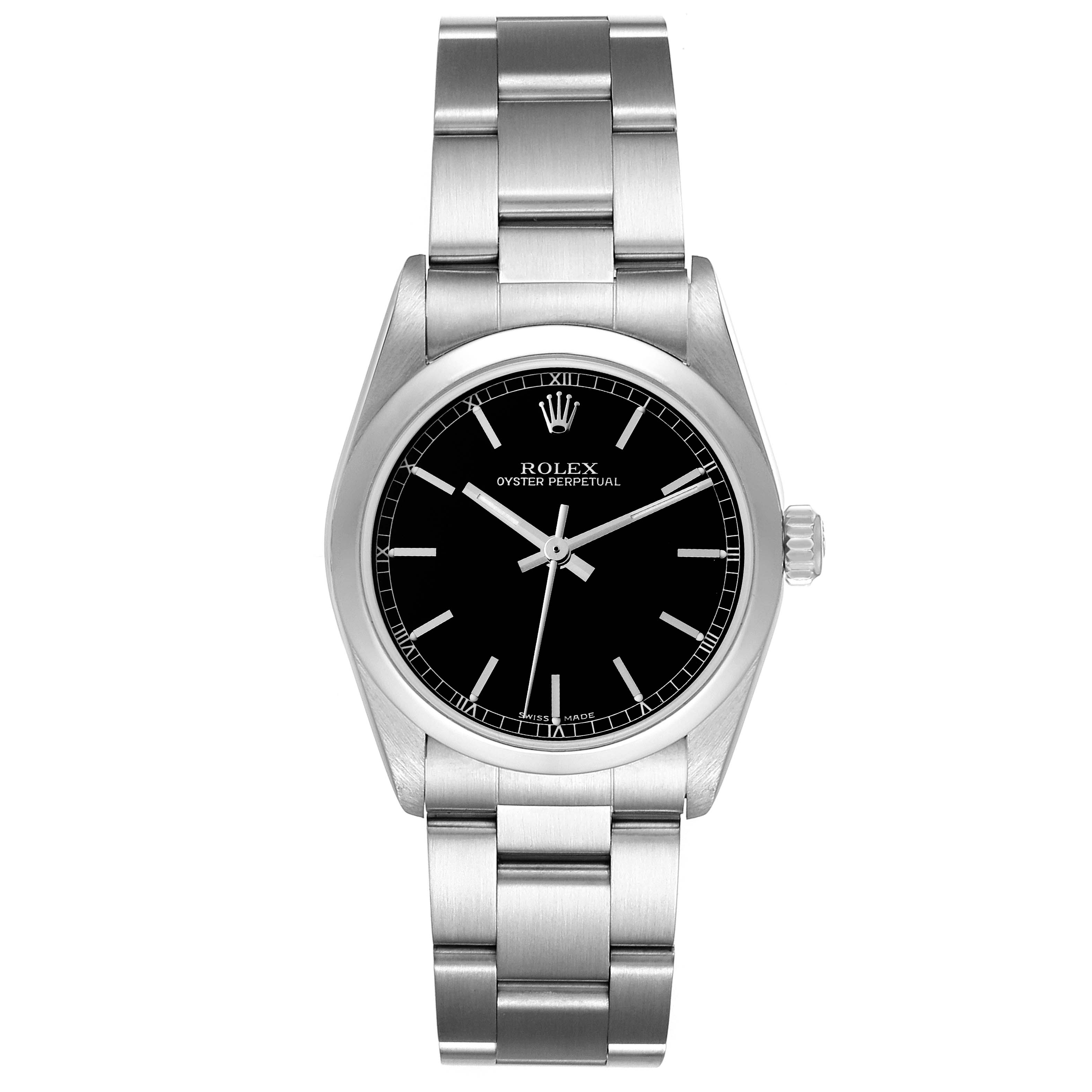 The image shows a front view of a Rolex Mid-Size 77080 Women
s Stainless Steel Black Dial 77080 Women
s Stainless Steel Black Dial Oyster Perpetual watch, highlighting its bracelet, bezel, crown, and dial.