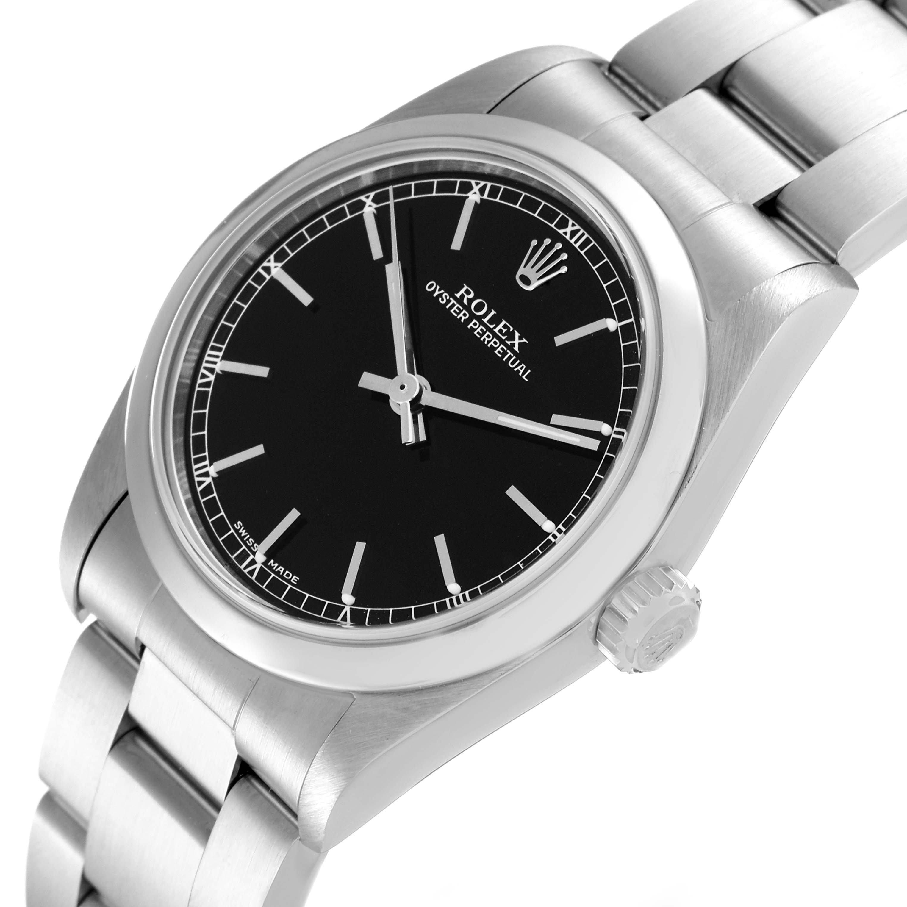 The image shows the face, bezel, crown, and part of the bracelet of a Mid-Size Rolex Oyster Perpetual watch at an angled view.