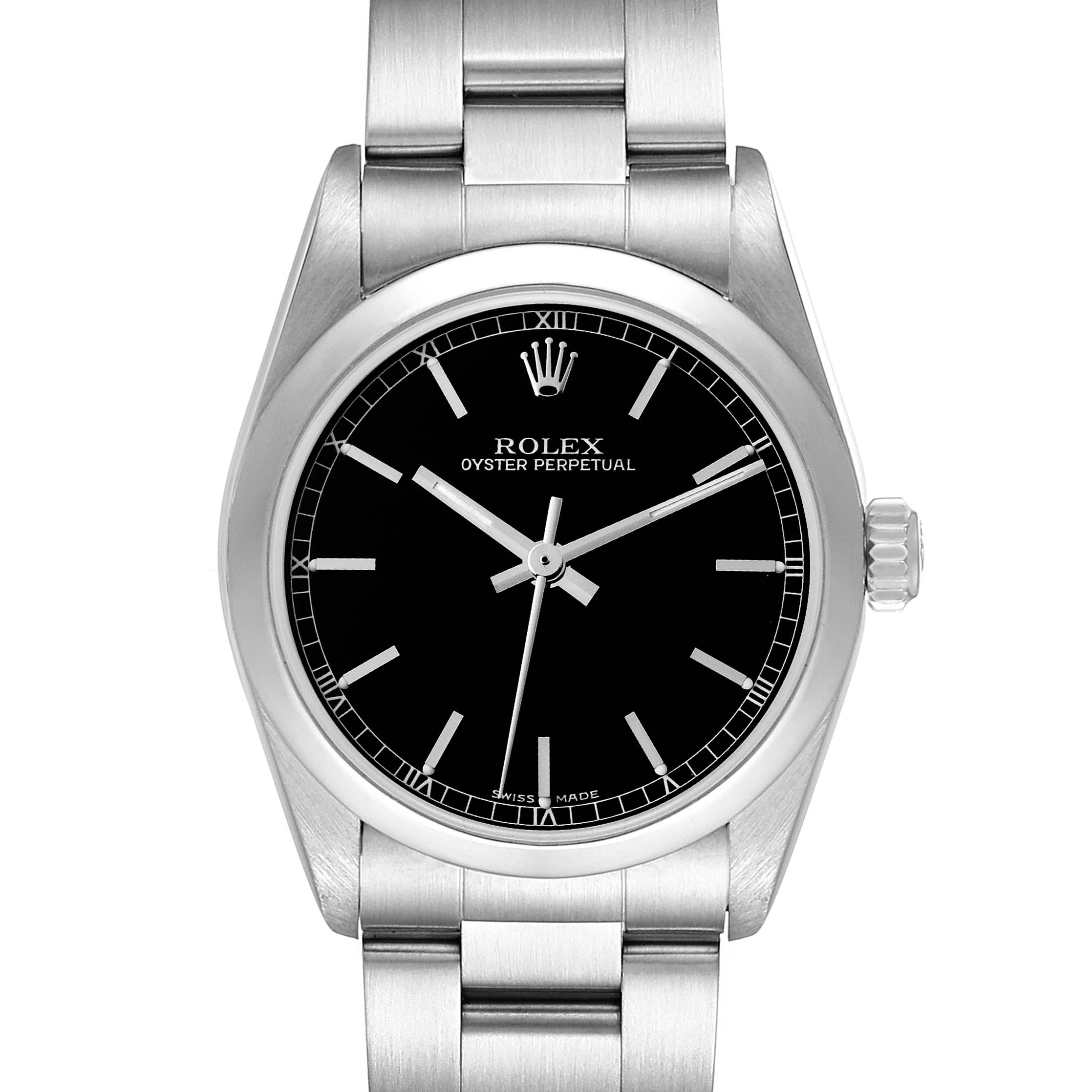 The image shows a front view of a Rolex Oyster Perpetual Mid-Size watch, displaying the dial, bezel, and bracelet.