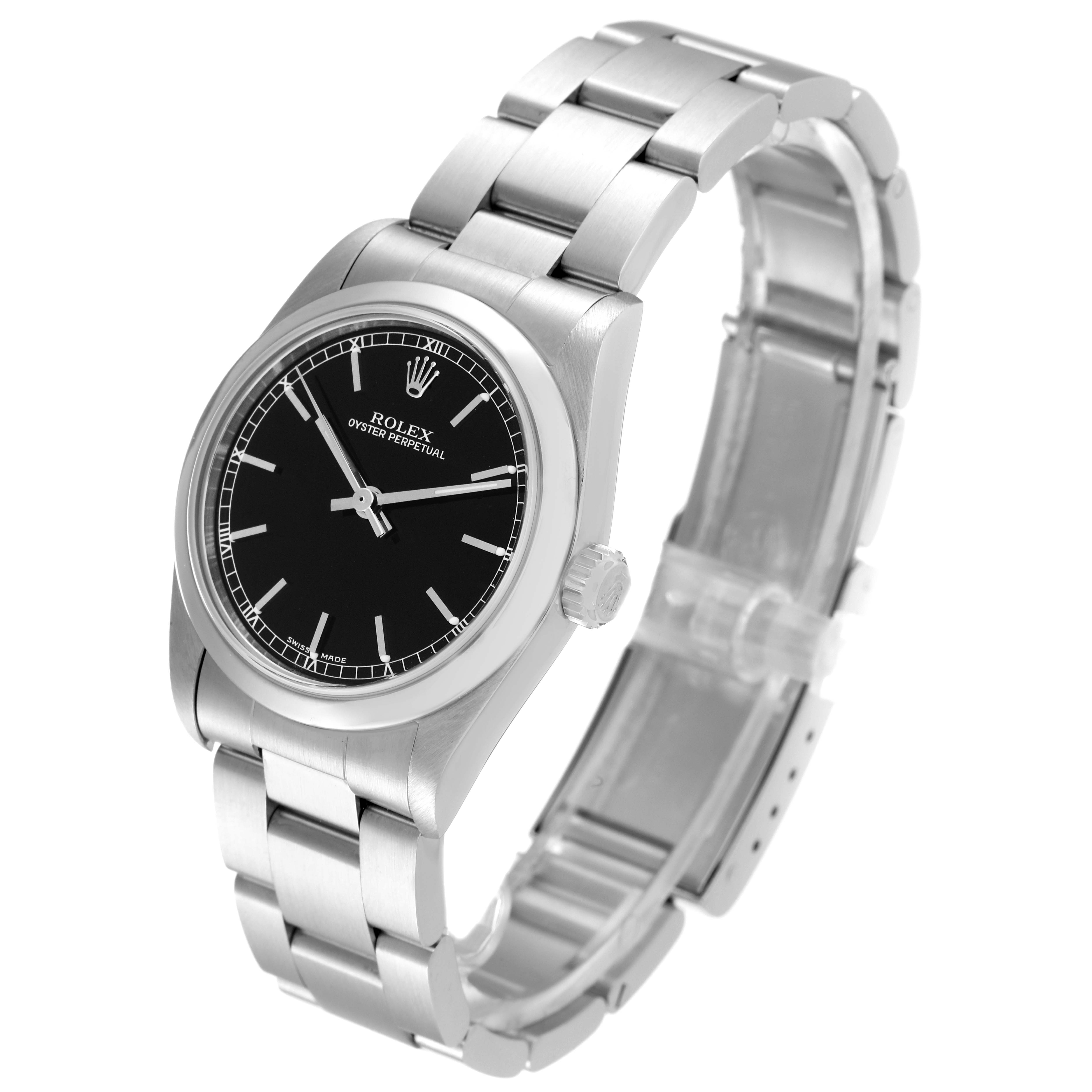 The image shows a Rolex Mid-Size 77080 Women
s Stainless Steel Black Dial 77080 Women
s Stainless Steel Black Dial model watch at a three-quarter angle, displaying the black dial, silver bezel, and bracelet.