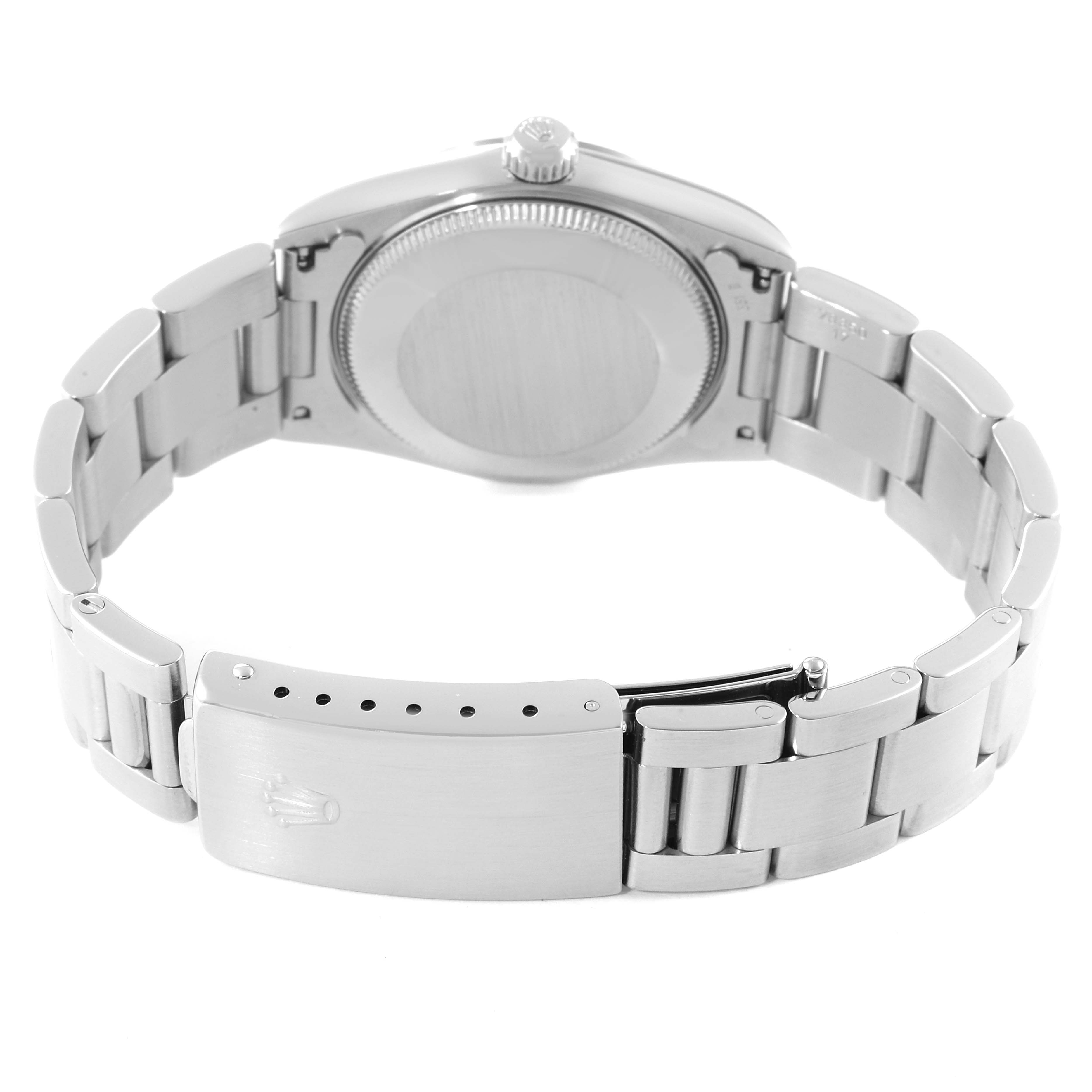 This image shows the back and clasp of a Rolex Mid-Size 67480 Women
s Stainless Steel Pink Dial 67480 Women
s Stainless Steel Pink Dial model watch, focusing on the bracelet and case back.