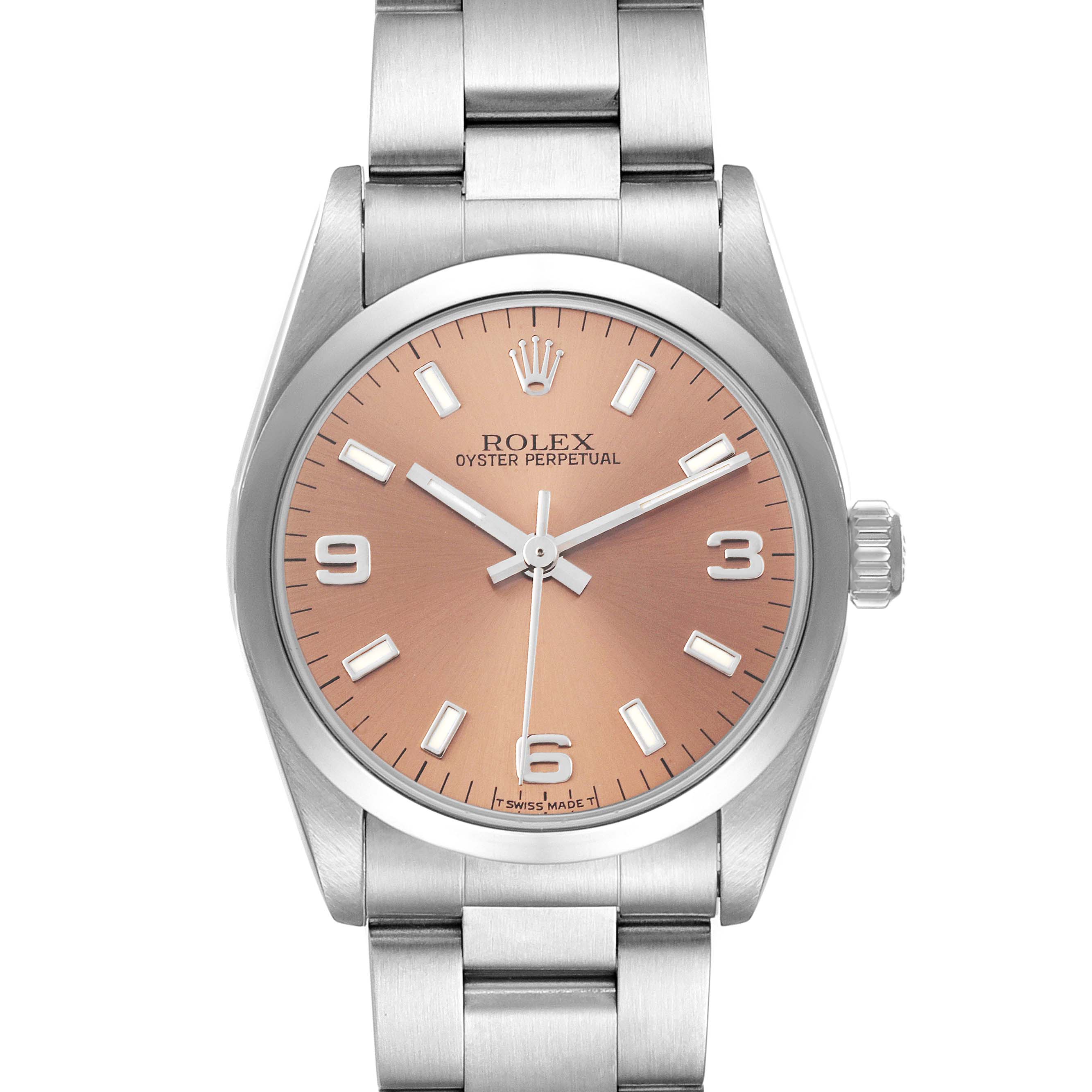 This is a front view of a Rolex Oyster Perpetual Mid-Size watch with a pink dial and stainless steel bracelet.