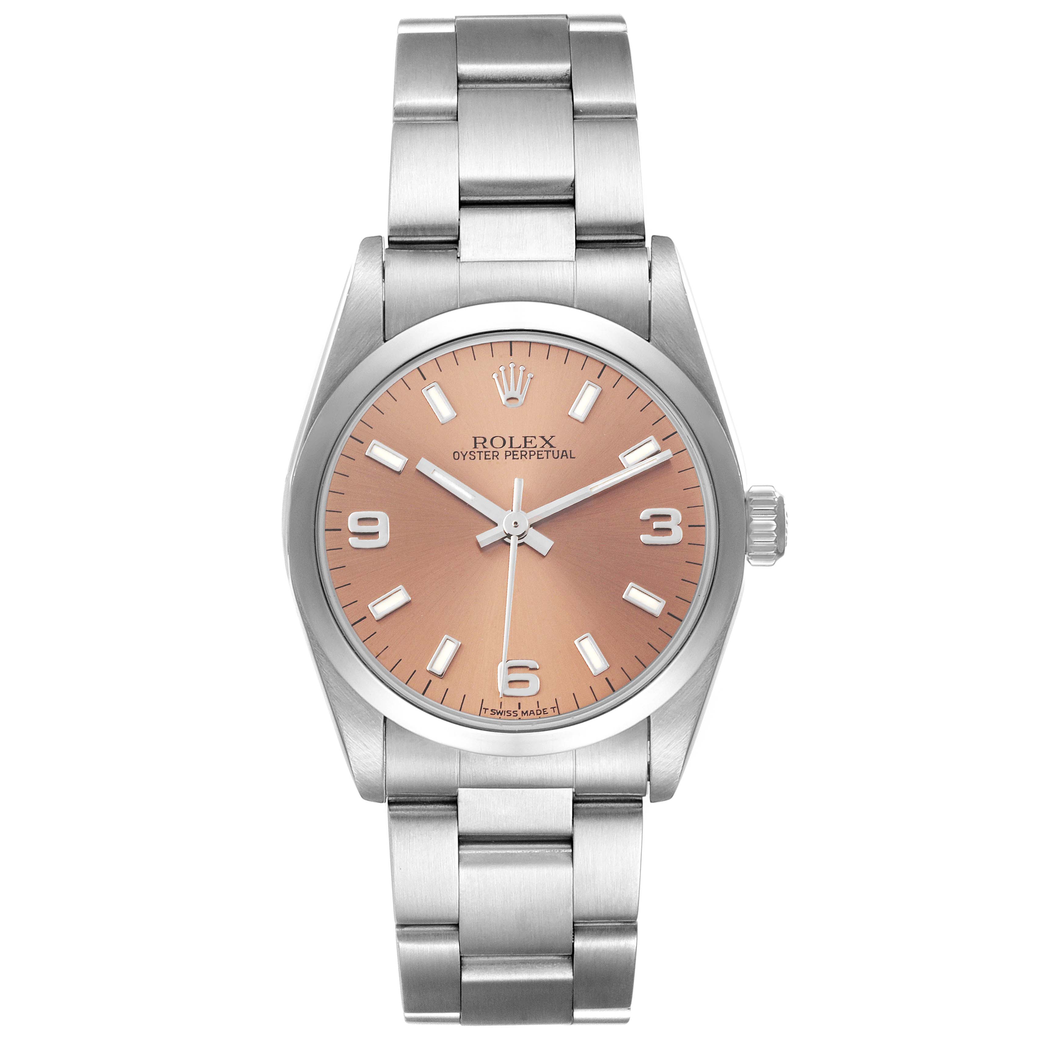 This image shows a front view of a Rolex Oyster Perpetual Mid-Size model, displaying the watch face, bezel, and stainless steel bracelet.