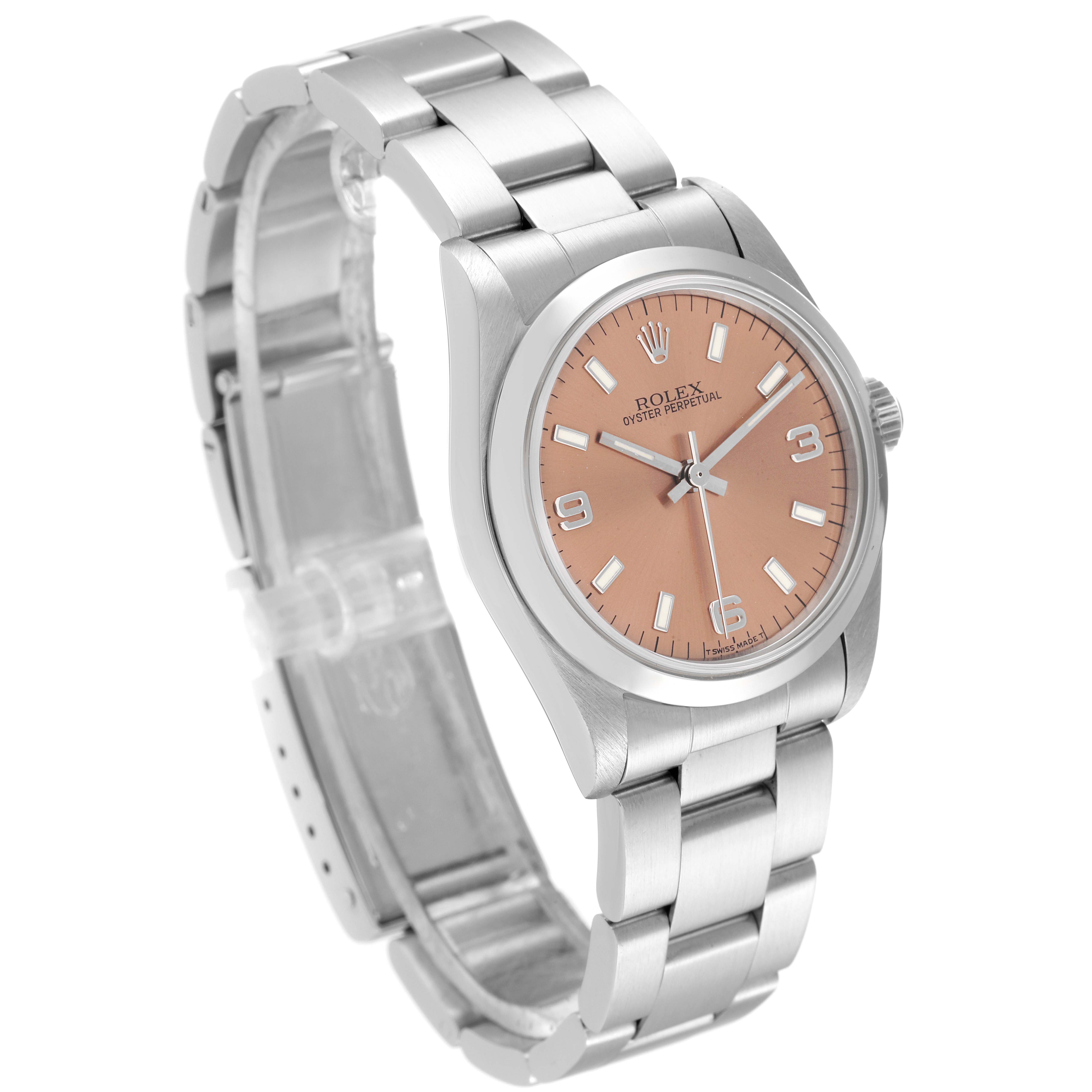 This image shows a Rolex Mid-Size 67480 Women
s Stainless Steel Pink Dial 67480 Women
s Stainless Steel Pink Dial Oyster Perpetual watch at a slightly angled front view, revealing the face, case, and part of the bracelet.