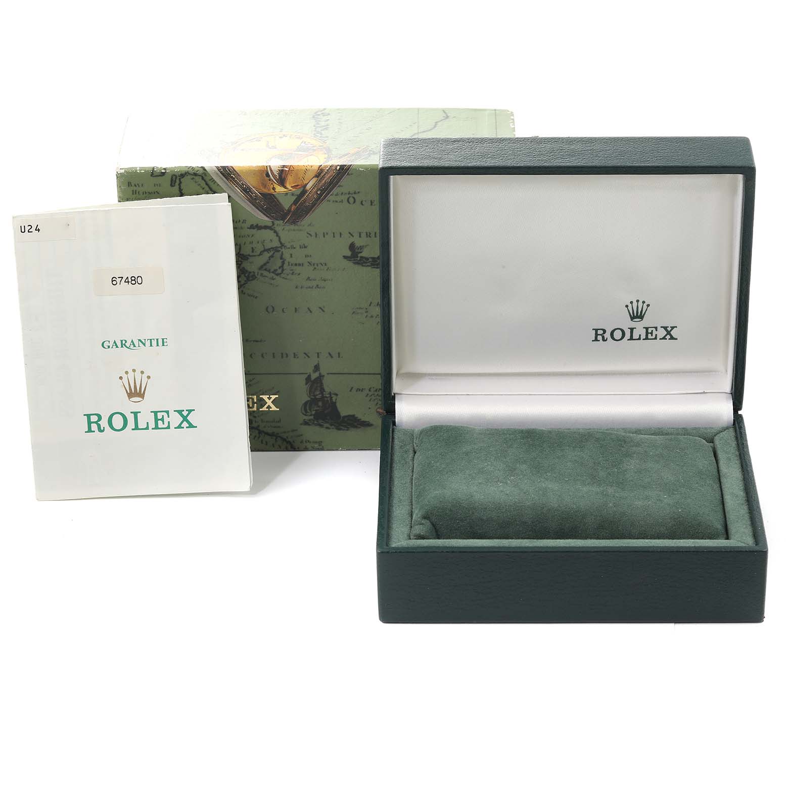 The image shows the packaging, box, and warranty card of a Mid-Size Rolex watch.