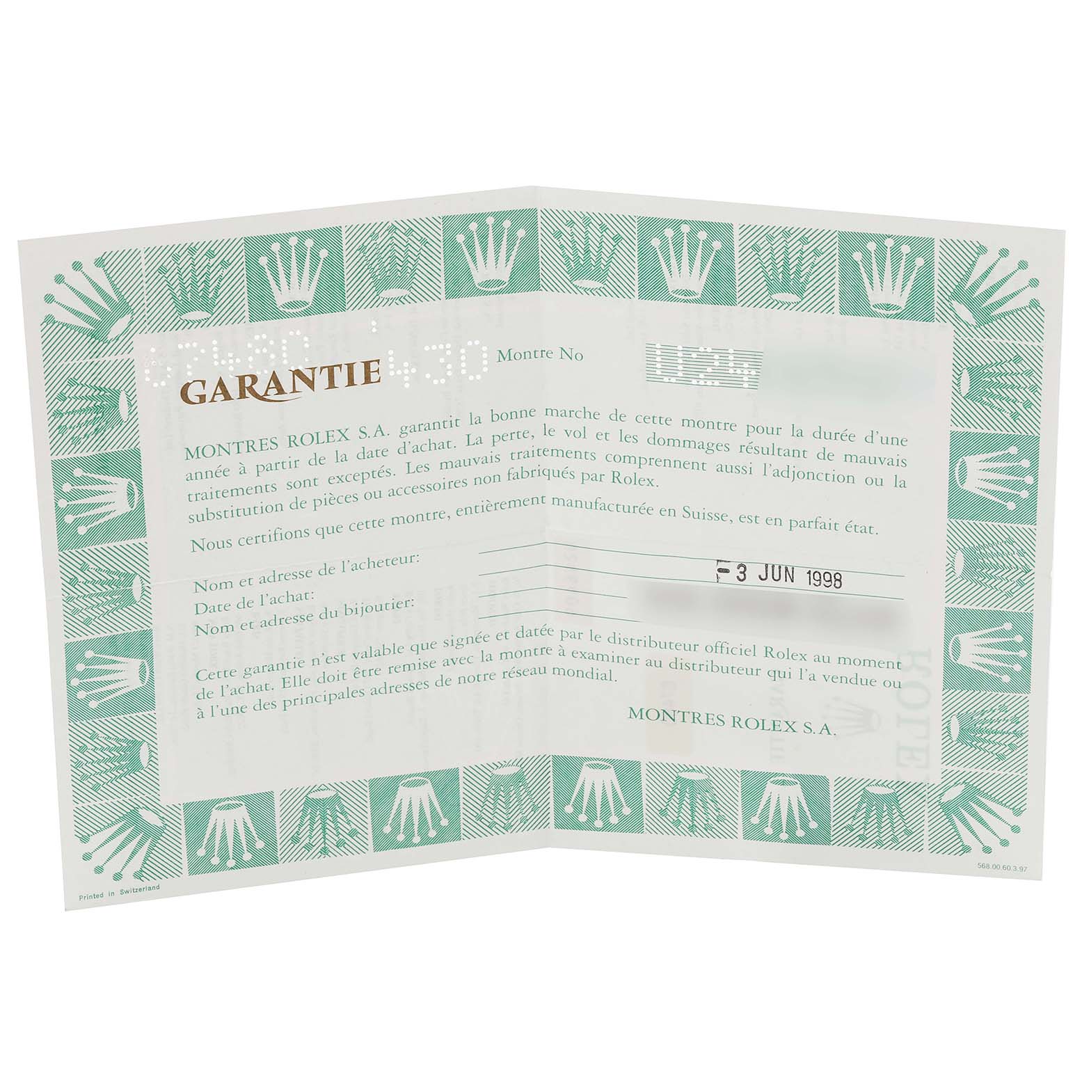 The image shows an open warranty certificate for a Mid-Size Rolex watch, detailing purchase information and terms.