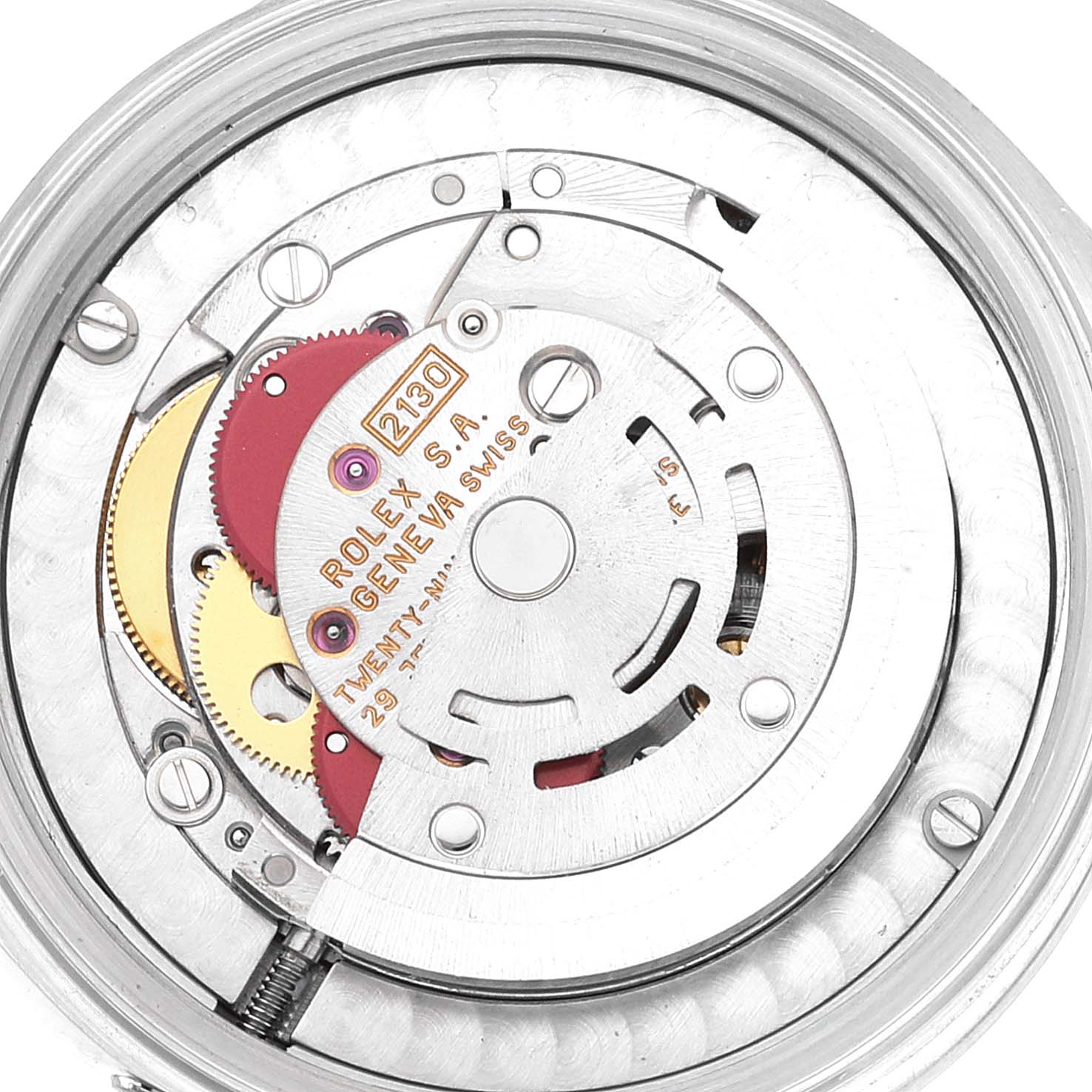 The image shows the internal mechanical movement of a Rolex Mid-Size 67480 Women
s Stainless Steel Pink Dial 67480 Women
s Stainless Steel Pink Dial watch from a top-down angle.