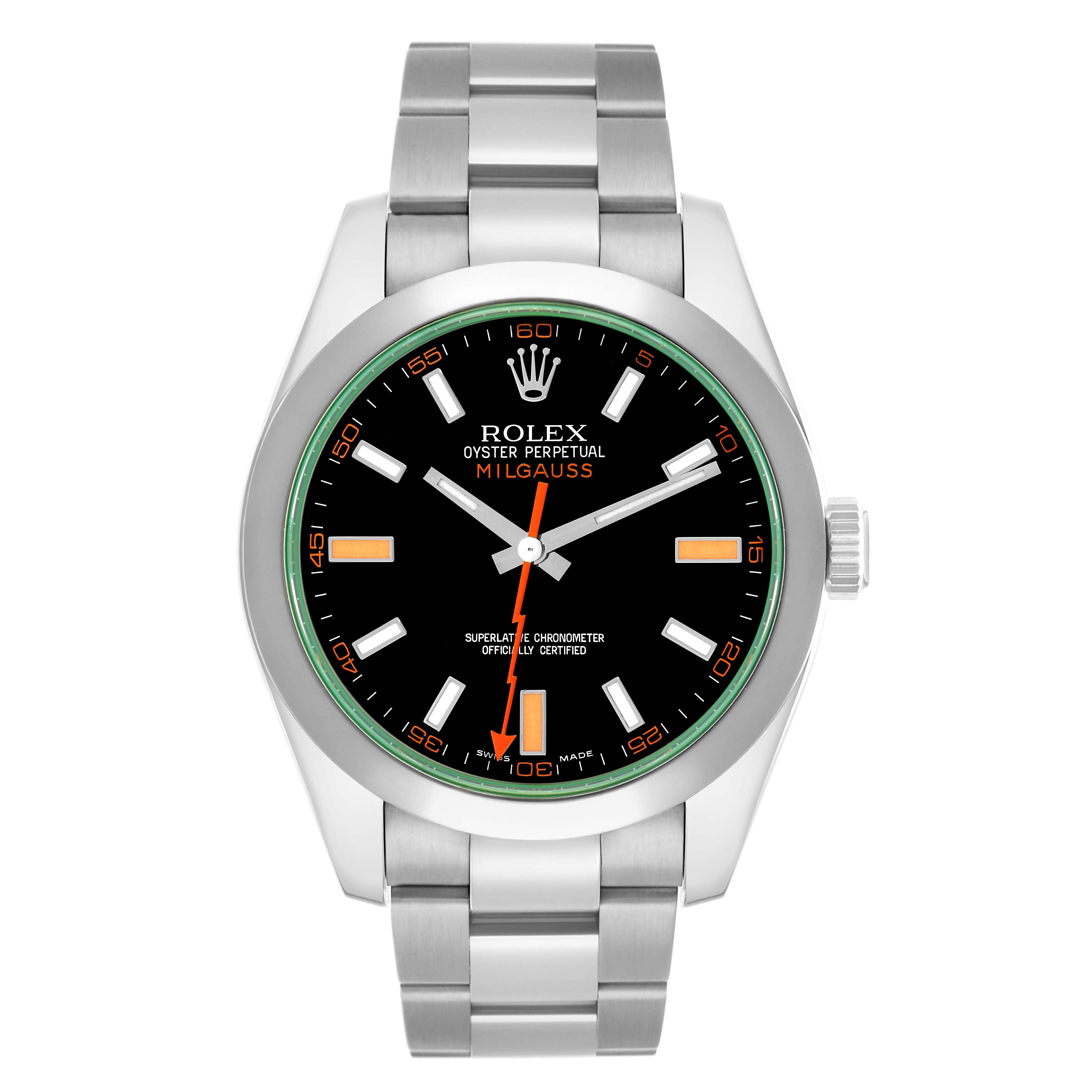 The Rolex Milgauss 116400 Men
s Stainless Steel Black Dial watch is shown from a front perspective, displaying the face, hands, markers, bezel, and part of the bracelet.