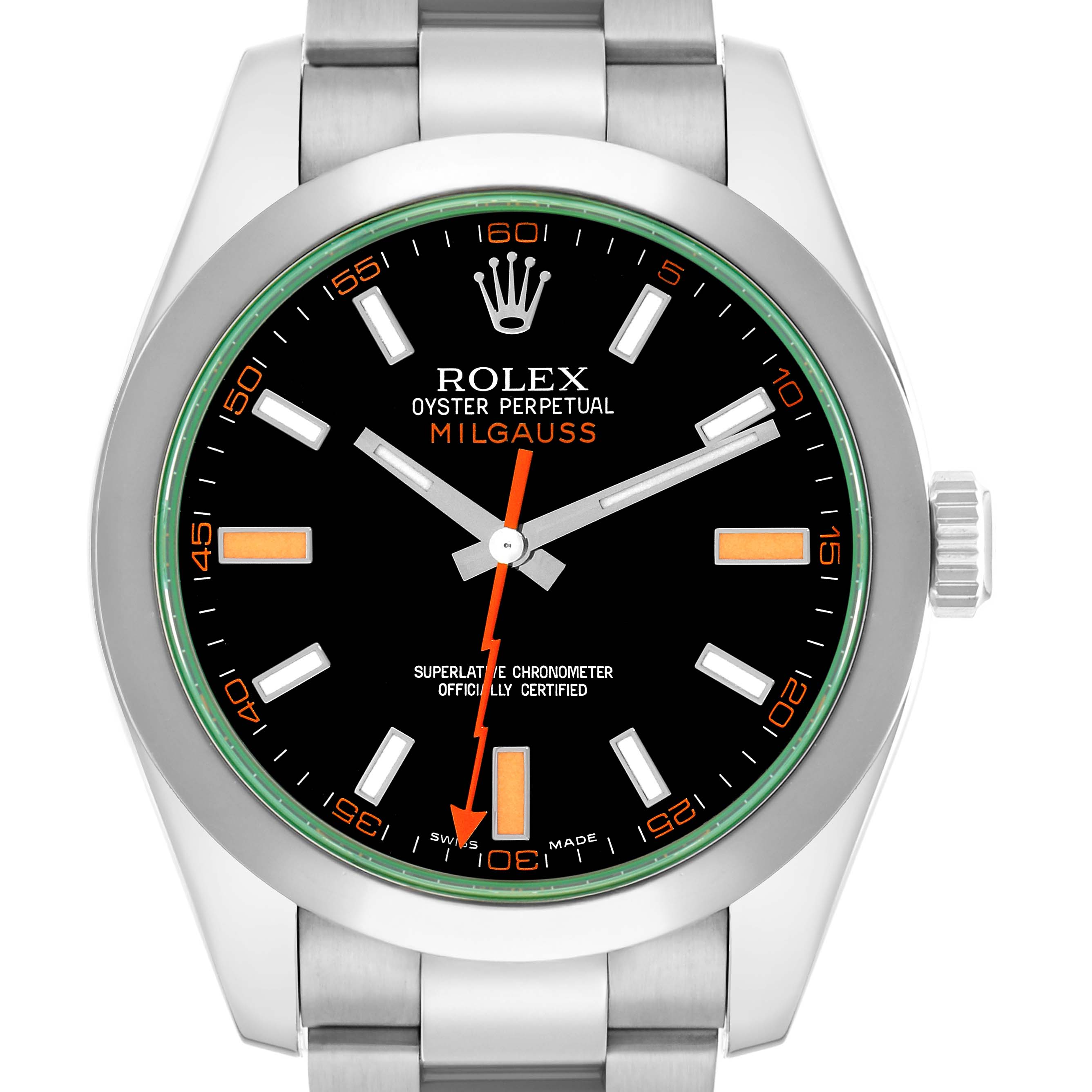 The image shows a front view of a Rolex Milgauss 116400 Men
s Stainless Steel Black Dial watch, highlighting its black dial, orange lightning bolt second hand, and silver bracelet.