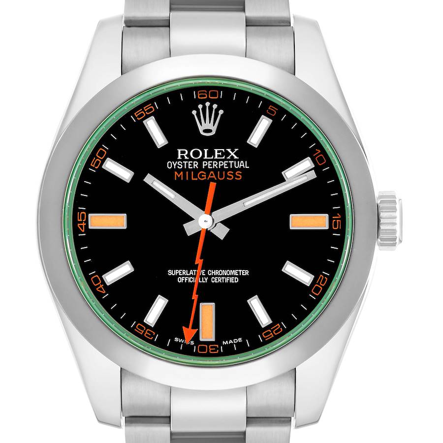 The image shows a front view of a Rolex Milgauss 116400 Men's Stainless Steel Black Dial watch, highlighting its black dial, orange lightning bolt second hand, and silver bracelet.