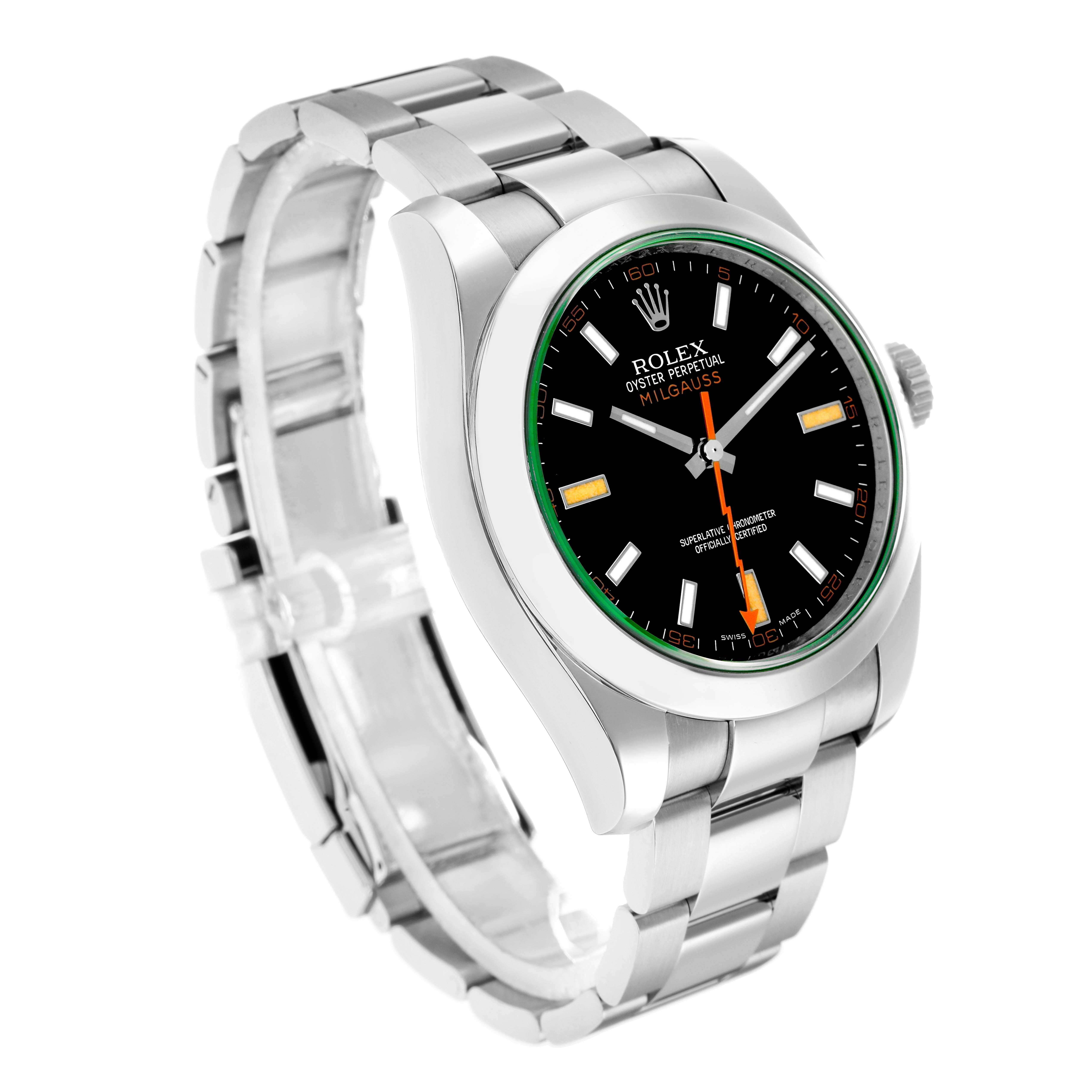 The Rolex Milgauss 116400 Men
s Stainless Steel Black Dial watch is shown at a three-quarter angle, displaying the face, bezel, and bracelet clearly.