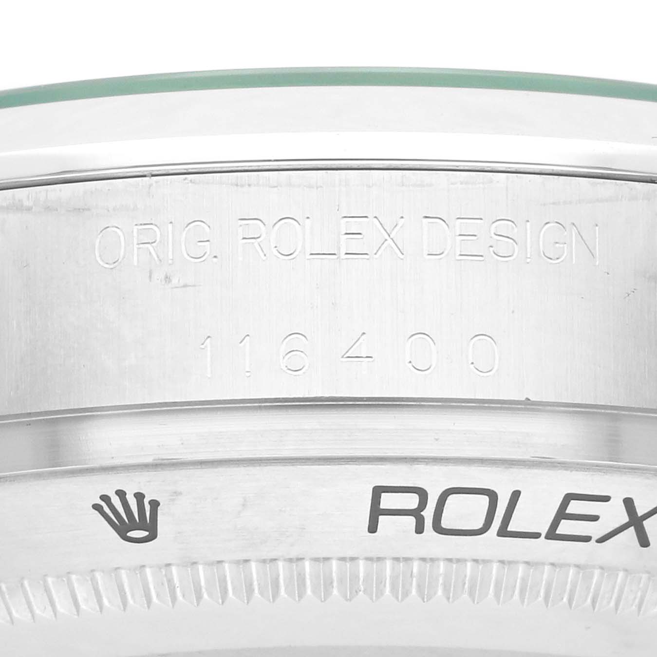 The image shows the side engraving on the case of a Rolex Milgauss 116400 Men
s Stainless Steel Black Dial, including the model number and the brand name.